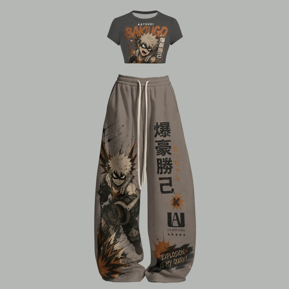 My Hero Academia Katsuki Bakugo Crop Tee and Wide Leg Trousers Two-Piece Set, Women's Grey Anime Lounge Outfit, Explosion Is My Quirk Set