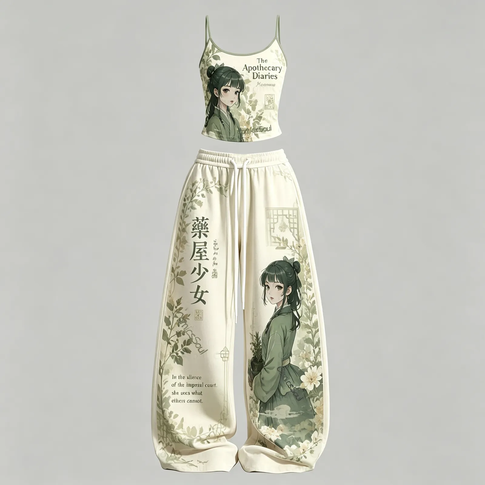 The Apothecary Diaries Maomao Sage Green Cami Crop Top and Wide Leg Trousers Two-Piece Set, Women's Kusuriya Botanical Anime Outfit