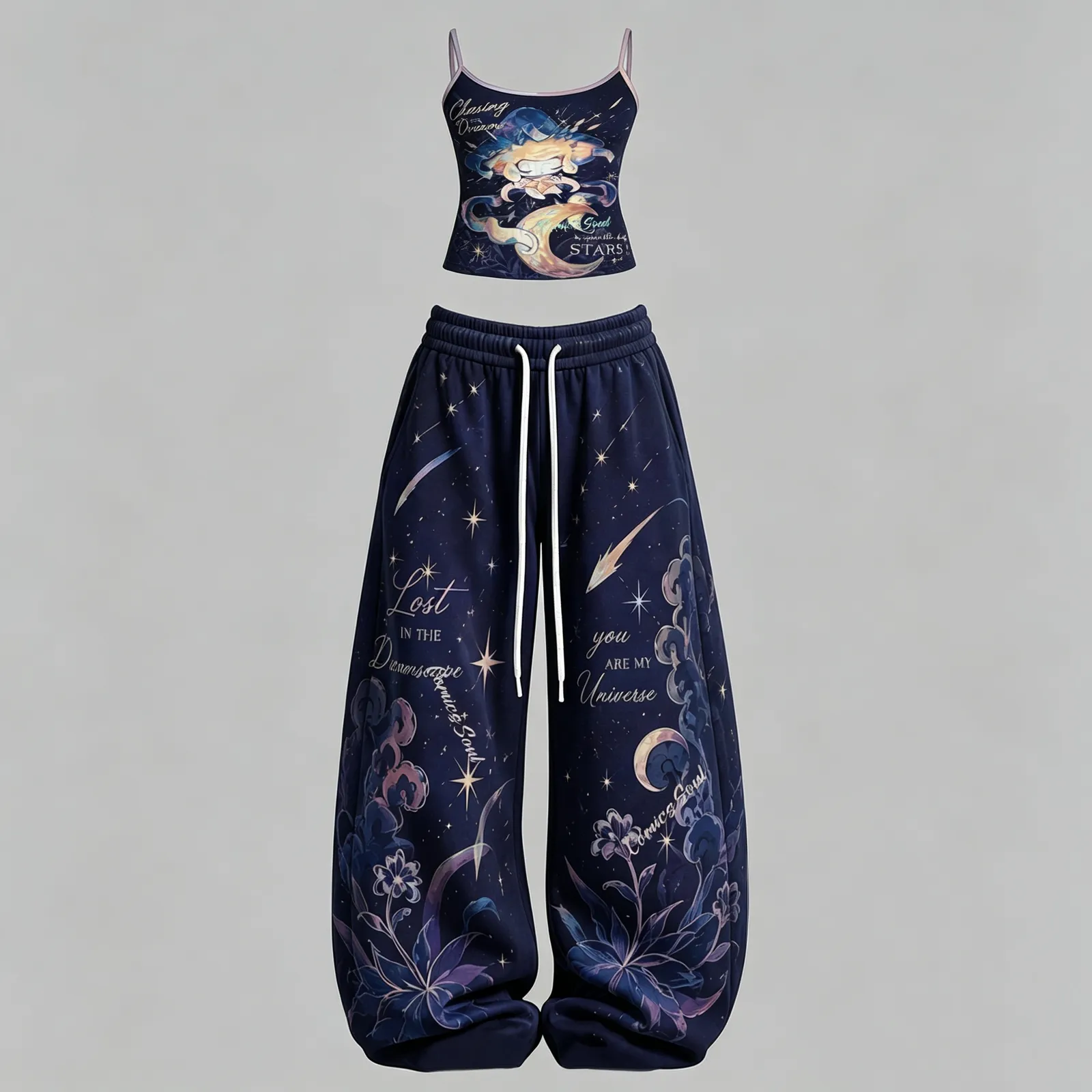 Pokémon Jirachi Cami Crop Top and Wide Leg Trousers Two-Piece Set, Navy Starry Sky Lost in the Dreamscape Print, Women's Gamer Lounge Outfit
