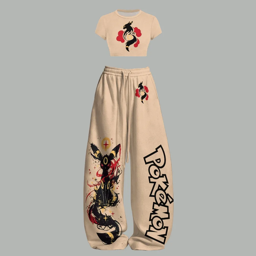 Pokémon Umbreon Crop Tee and Wide Leg Trousers Two-Piece Set, Beige Black Red Cloud Lounge Outfit, Women's Anime Matching Co-ord for Fans