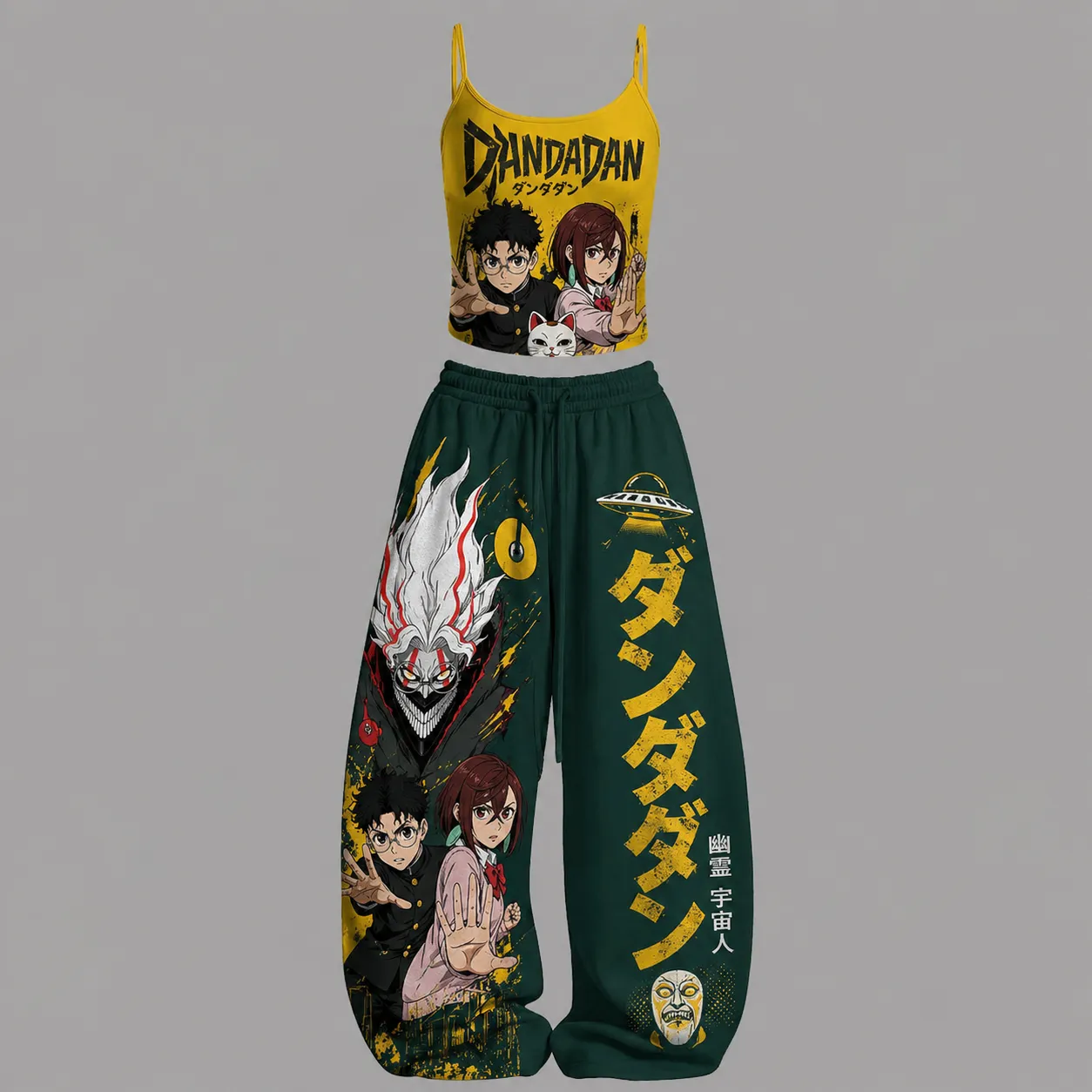 Dandadan Okarun and Momo Cami Top and Elasticated Trousers Two-Piece Set, Women's Yellow and Green Anime Lounge Outfit, Turbo Granny Matching Set