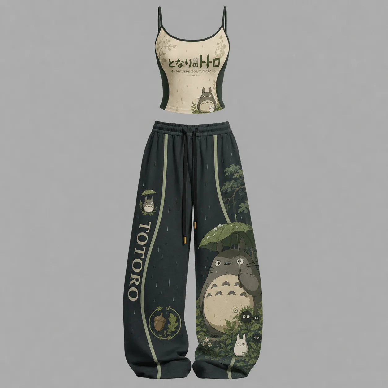 My Neighbor Totoro Cami Crop Top and Wide Leg Trousers Two-Piece Set, Women's Forest Green Studio Ghibli Lounge Outfit, Ghibli Fan Matching Set