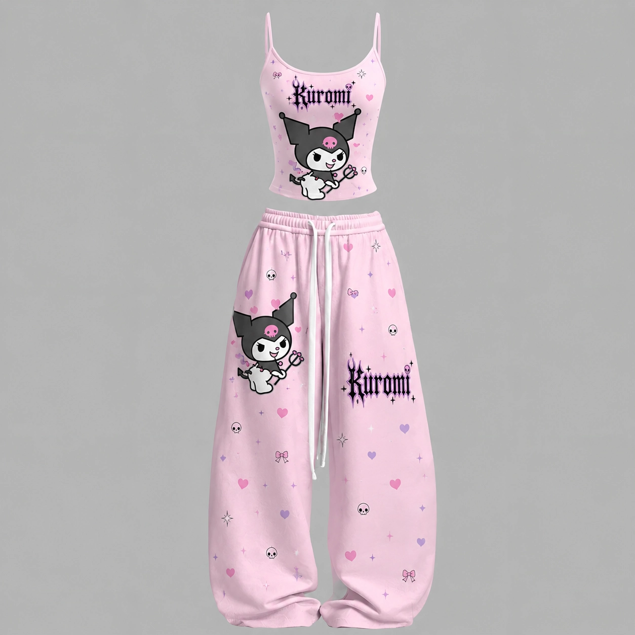 Hello Kitty Kuromi Cami Crop Top and Wide Leg Trousers Two-Piece Set, Women's Pastel Pink Cute Goth Lounge Outfit, Sanrio Matching Set