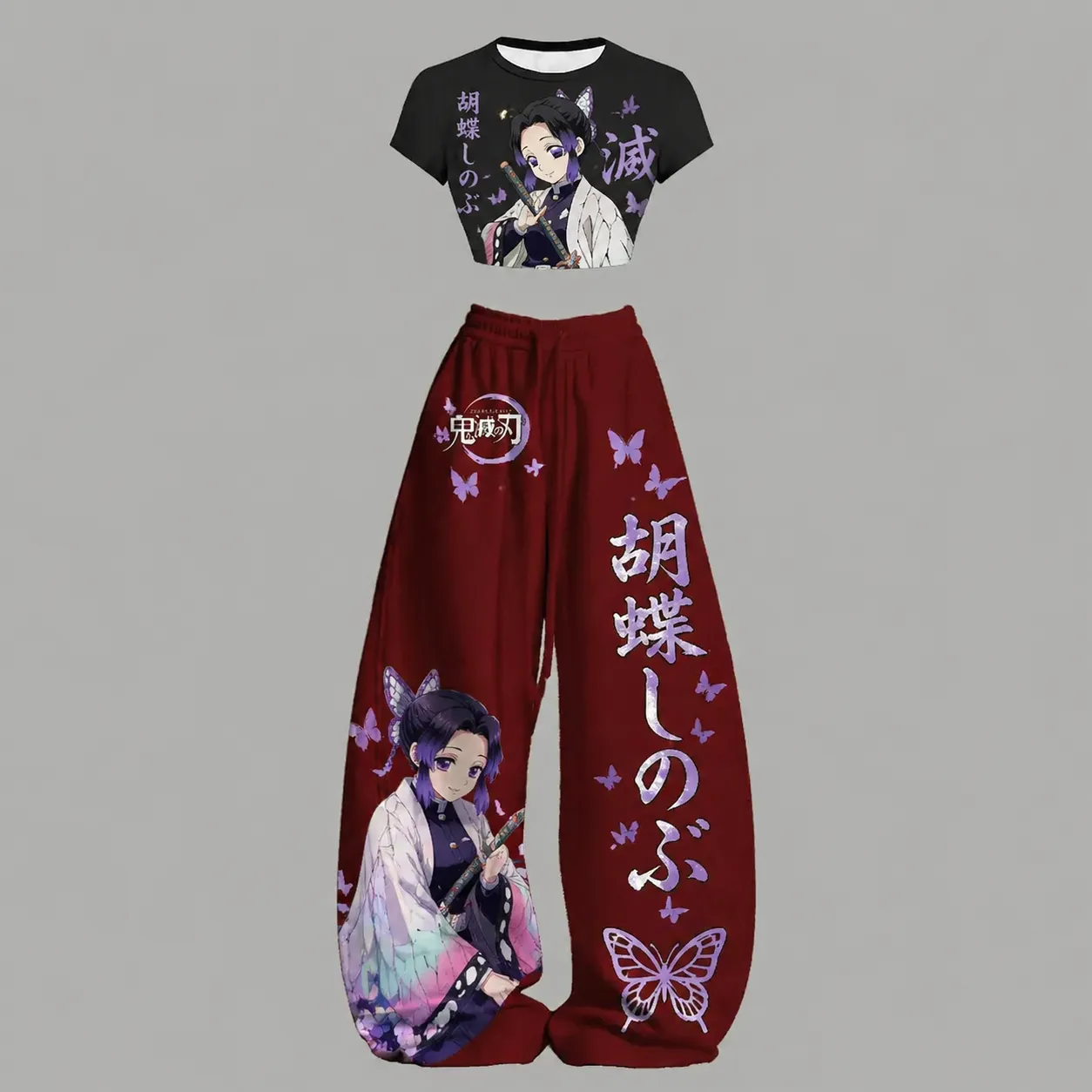 Demon Slayer Shinobu Kocho Butterfly Crop Tee and Elasticated Wide Leg Trousers Two-Piece Set, Women's Black and Burgundy Anime Outfit