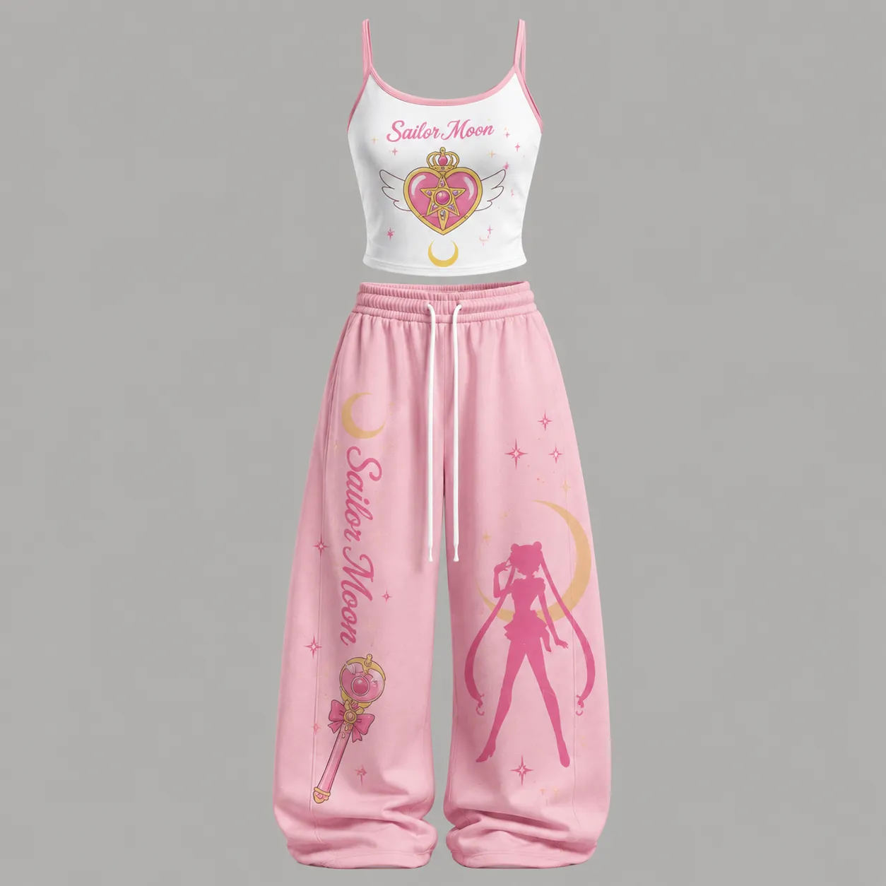 Sailor Moon Cami Crop Top and Wide Leg Trousers Two-Piece Set, Women's Pink Crescent Moon Lounge Outfit, Usagi Anime Matching Set