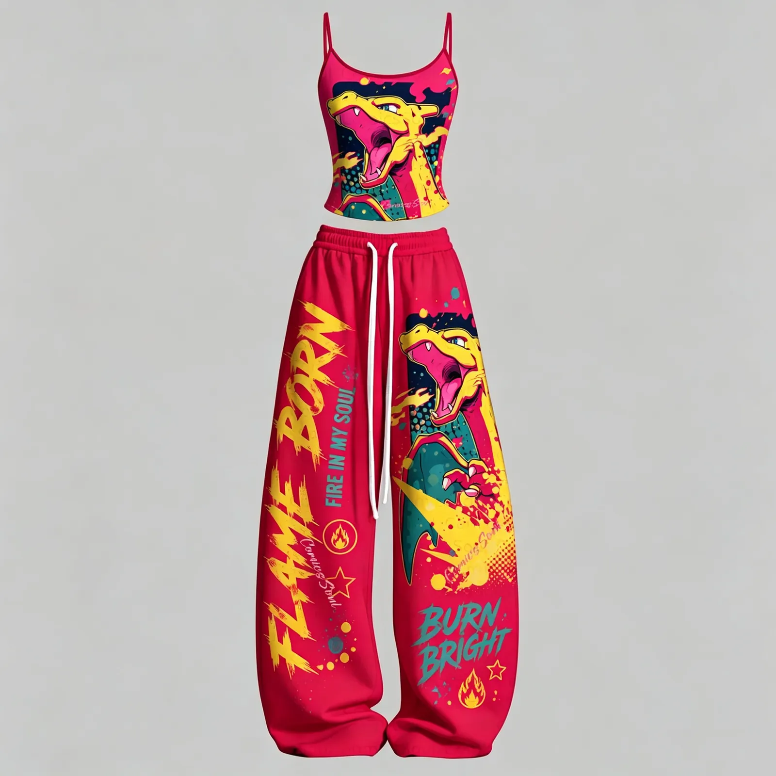 Pokémon Charizard Flame Born Cami Crop Top and Wide Leg Trousers Two-Piece Set, Women's Fire in My Soul Burn Bright Matching Outfit