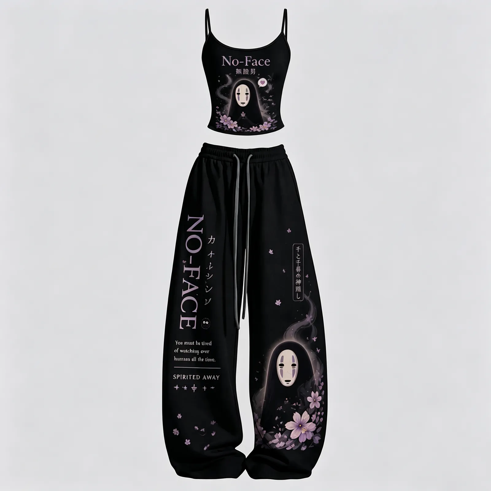 Spirited Away No-Face Kaonashi Cami Crop Top and Wide Leg Trousers Two-Piece Set, Black Lilac Floral Studio Ghibli Lounge Outfit, Women's Co-ord