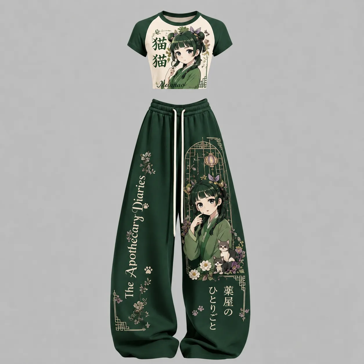 The Apothecary Diaries Maomao Raglan Crop Tee and Wide Leg Trousers Two-Piece Set, Women's Kusuriya Anime Cat Matching Lounge Outfit