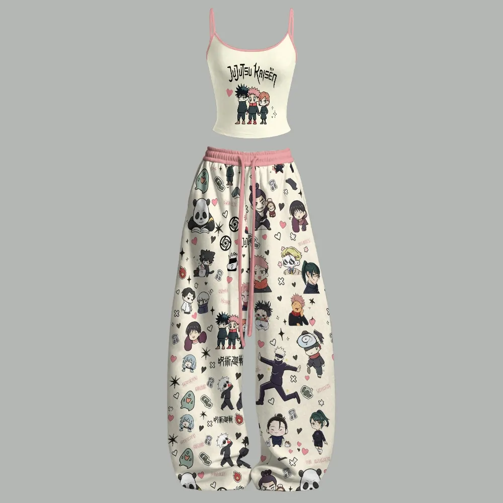 Jujutsu Kaisen Chibi Cami Crop Top and Wide Leg Trousers Two-Piece Set, Women's Cream Yuji Megumi Nobara Kawaii Lounge Outfit, Anime Gift