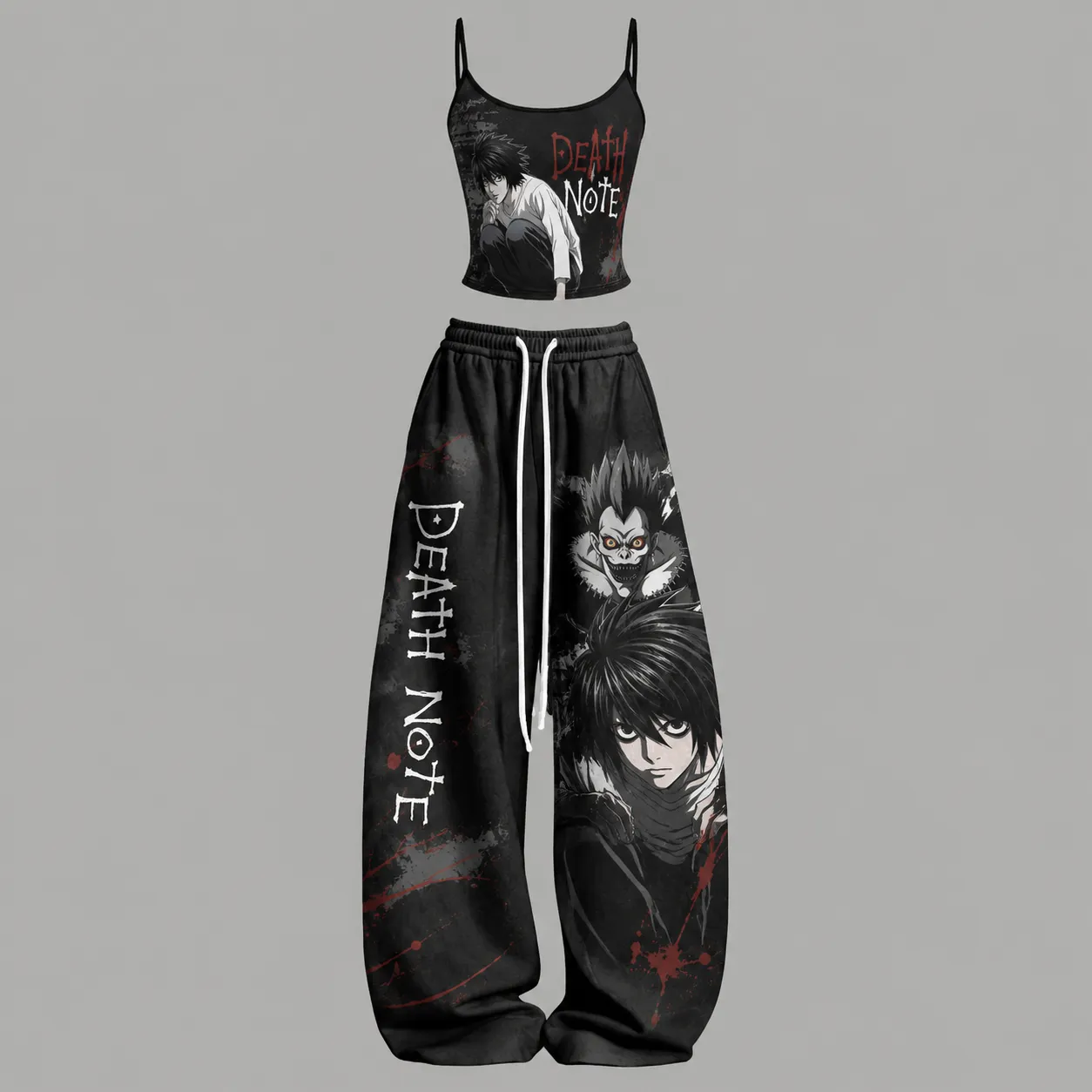 Death Note L Lawliet and Ryuk Cami Crop Top and Wide Leg Trousers Set, Women's Two-Piece Lounge Outfit, Shinigami Grunge Black Anime Set
