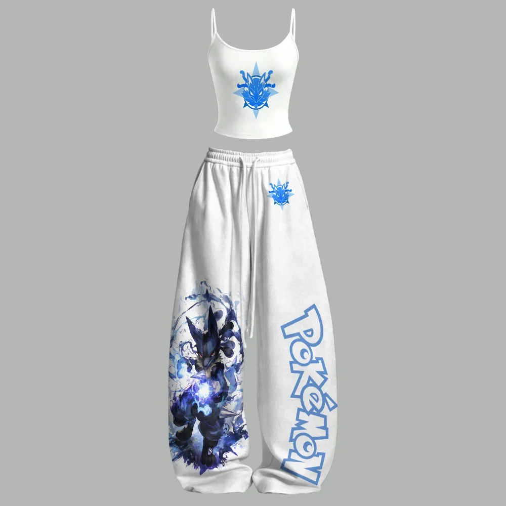 Pokémon Lucario Cami Crop Top and White Wide Leg Trousers Set, Women's Two-Piece Lounge Outfit, Blue Aura Sphere Fighting Type Matching Set
