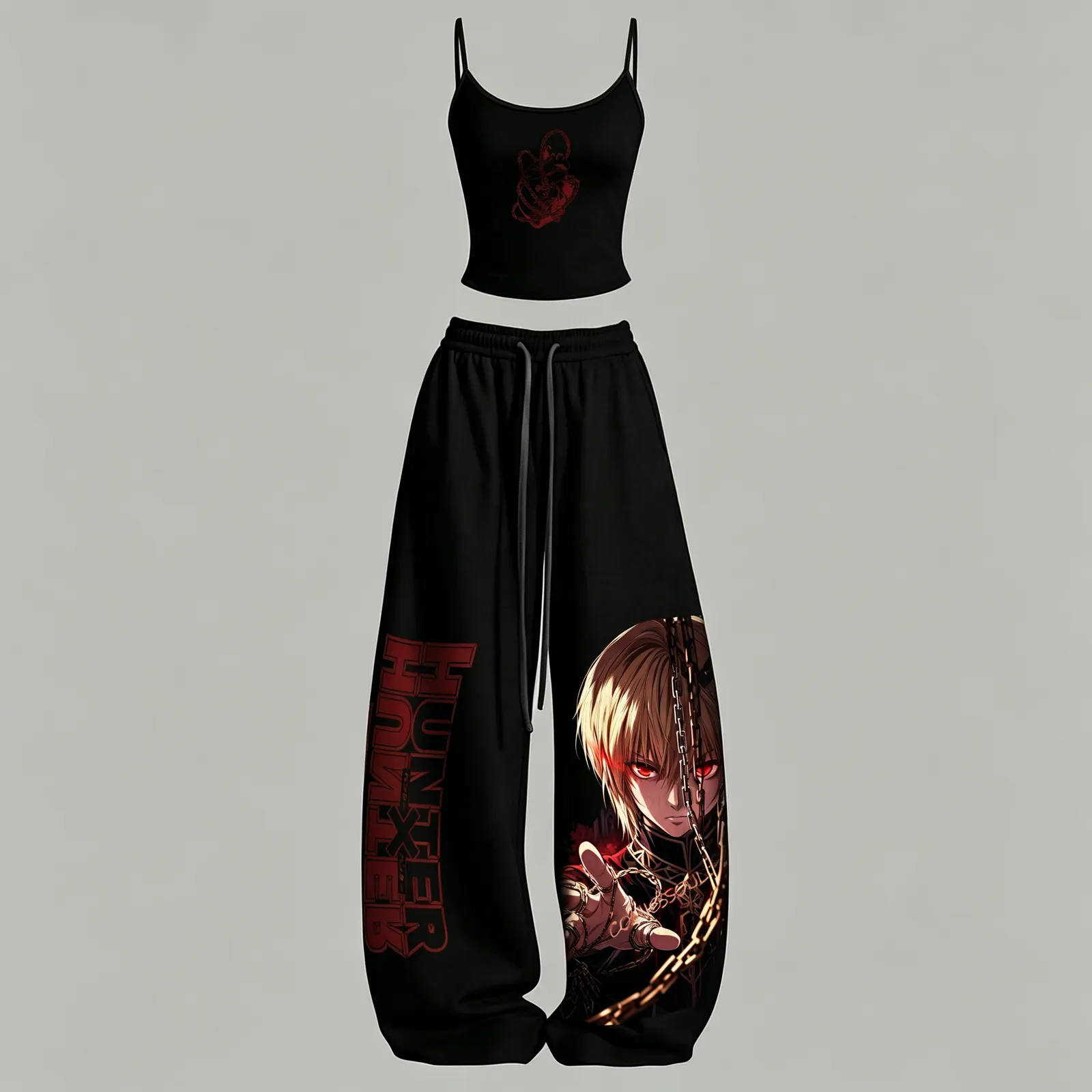 Hunter x Hunter Kurapika Scarlet Eyes Chains Cami Crop Top and Wide Leg Trousers Two-Piece Set, Black Red Anime Lounge Outfit, Women's Co-ord