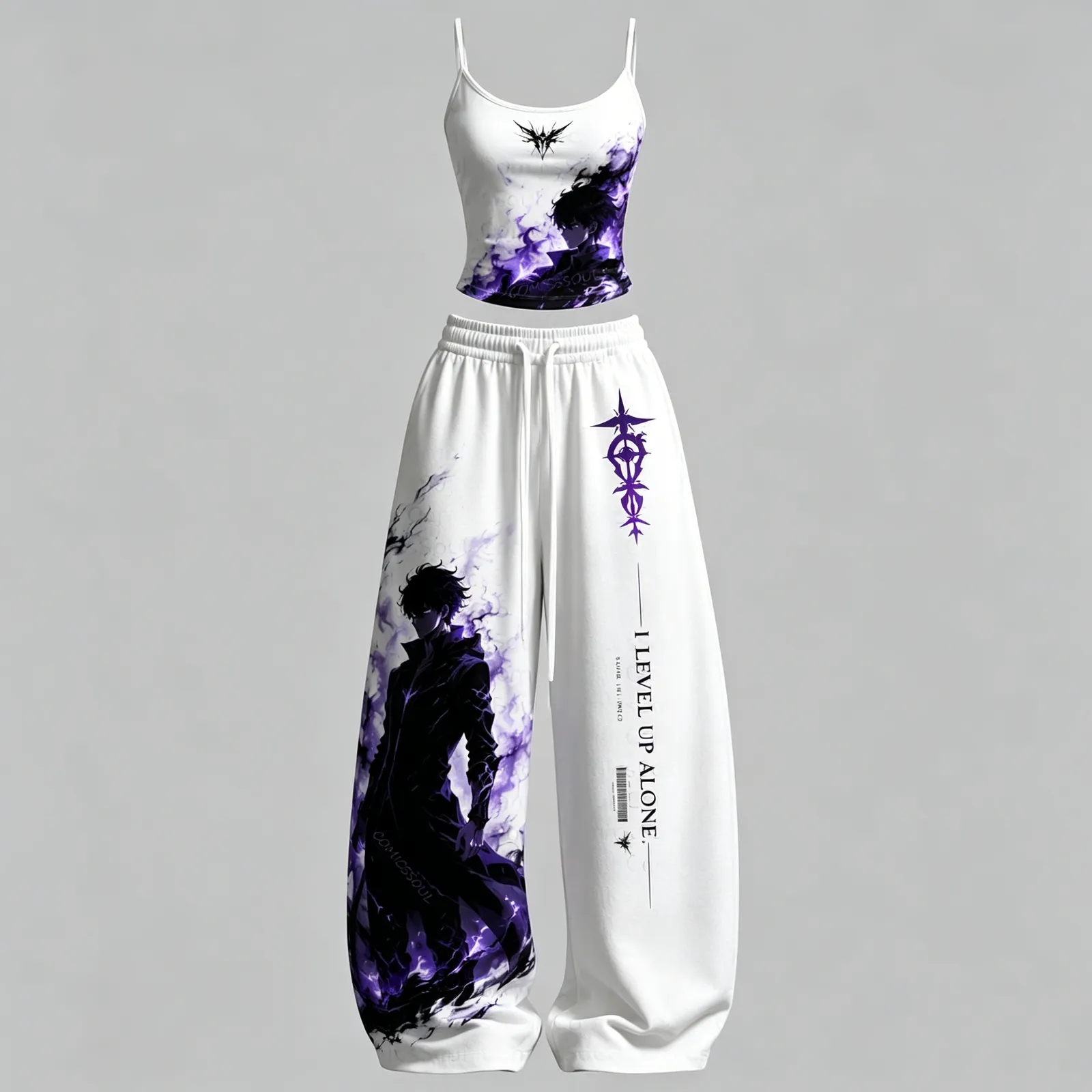 Solo Leveling Sung Jinwoo I Level Up Alone Cami Crop Top and Elasticated Wide Leg Trousers Two-Piece Set, Women's White Purple Anime Outfit