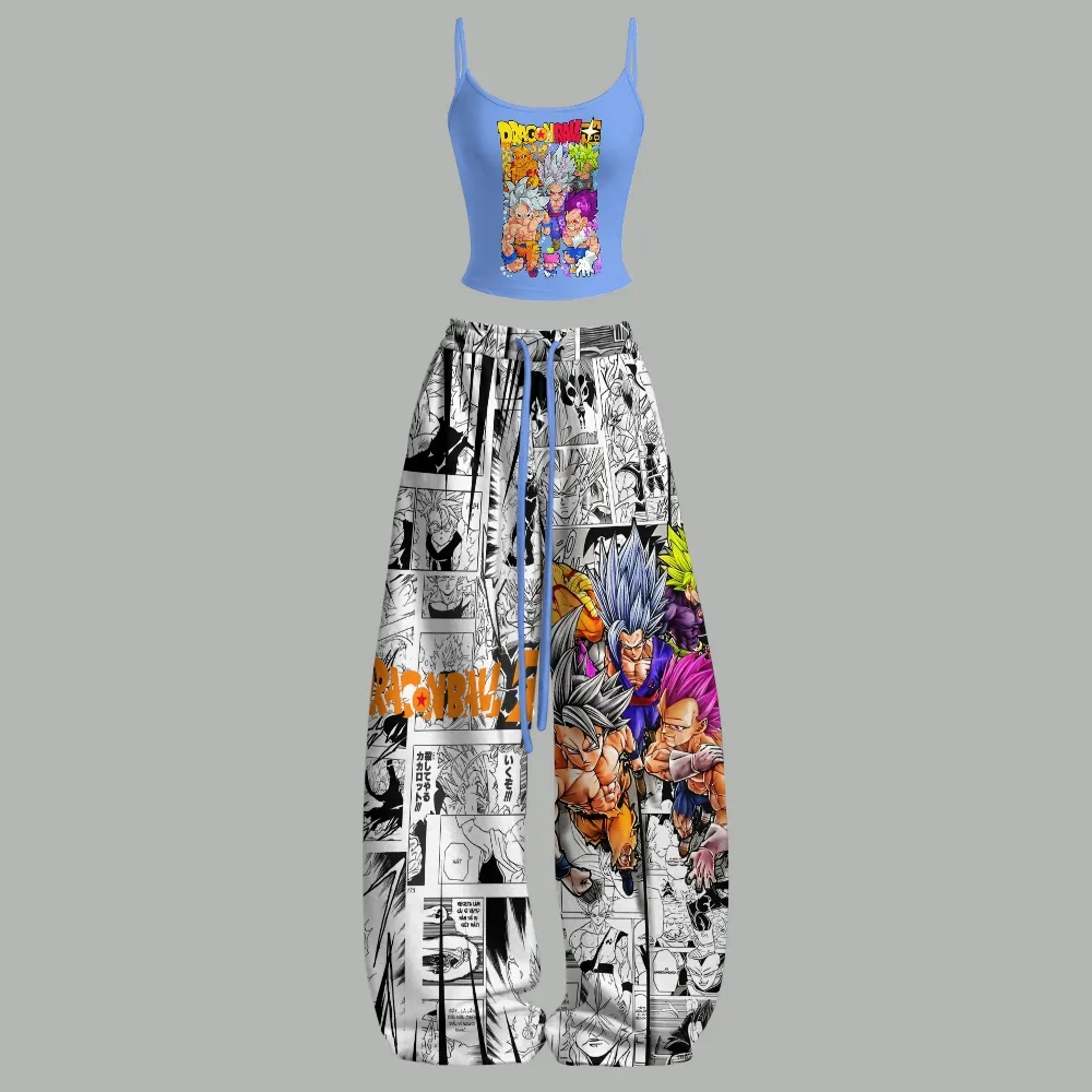 Dragon Ball Super Goku Vegeta Gohan Broly Cami Crop Top and Elasticated Wide Leg Trousers Two-Piece Set, Women's Blue Manga Panel Anime Outfit