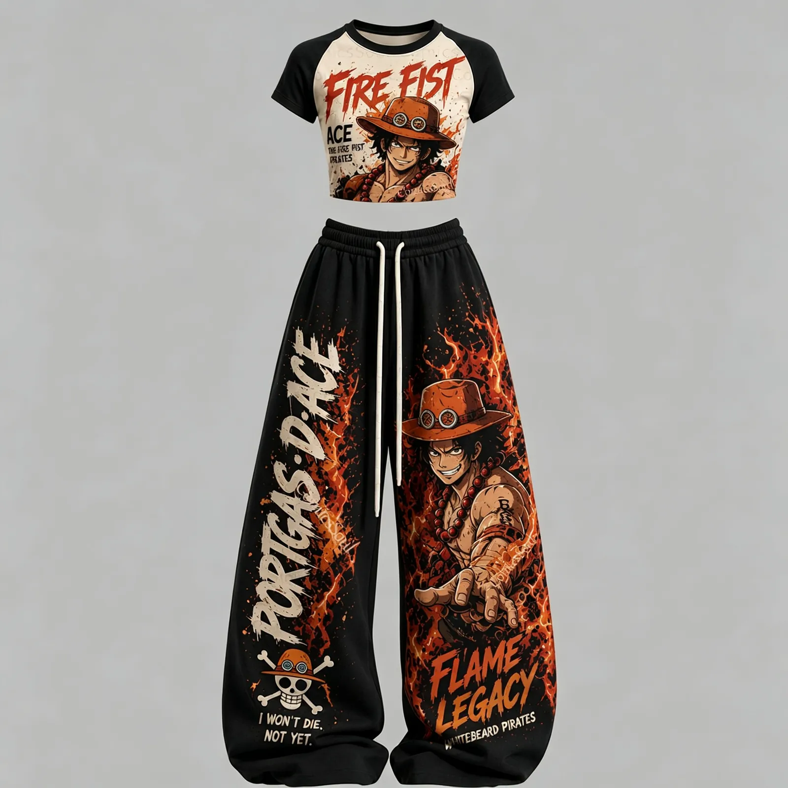 One Piece Portgas D. Ace Fire Fist Raglan Crop Tee and Wide Leg Trousers Set, Women's Two-Piece Lounge Outfit, Flame Legacy Whitebeard Set
