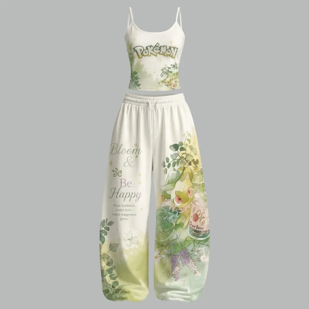 Pokémon Sprigatito Cami Crop Top and Wide Leg Trousers Two-Piece Set, Women's Green Watercolor Bloom and Be Happy Lounge Outfit, Pokémon Gift