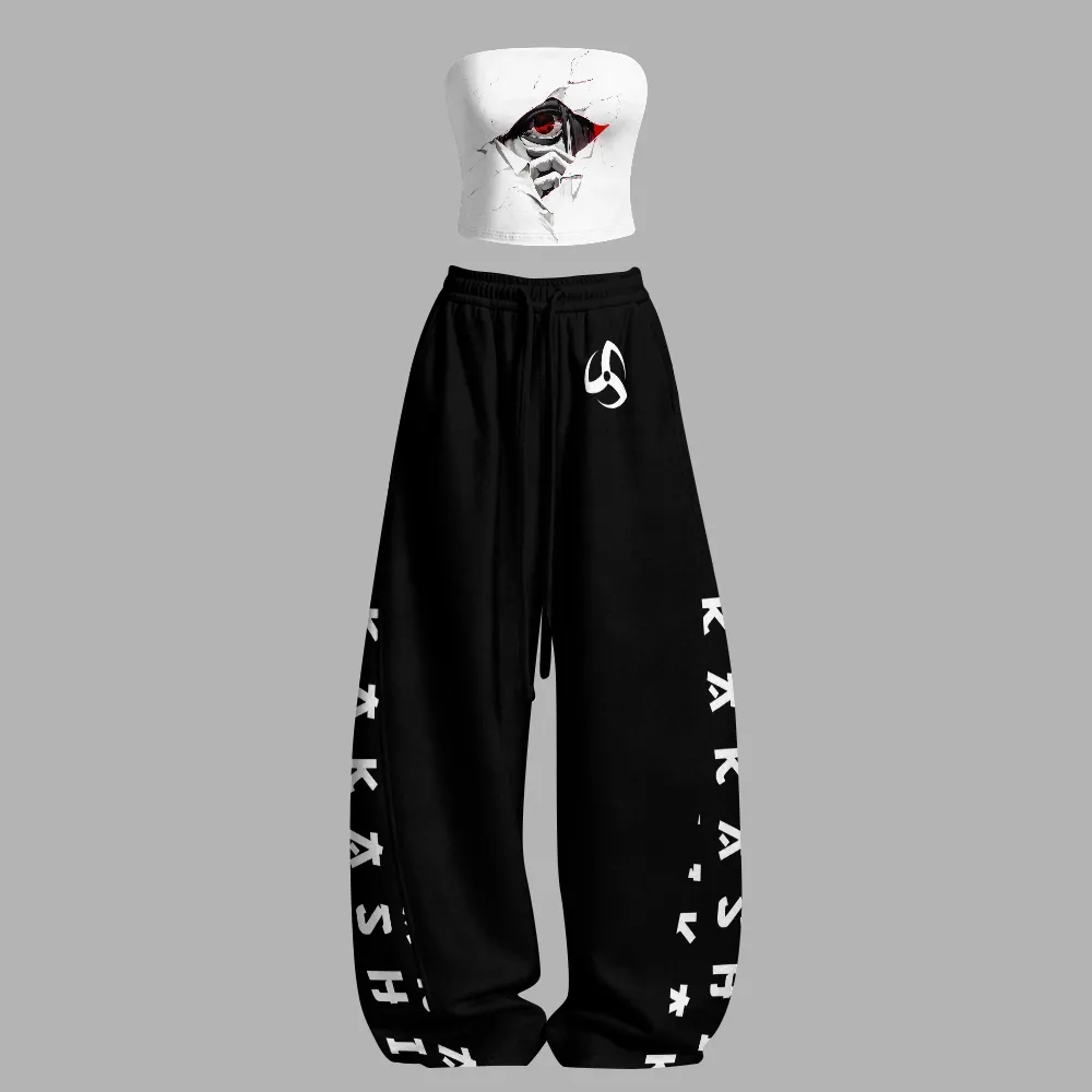 Naruto Kakashi Hatake Sharingan Strapless Tube Top and Wide Leg Trousers Two-Piece Set, Women's White Black Anime Lounge Outfit, Shinobi Gift