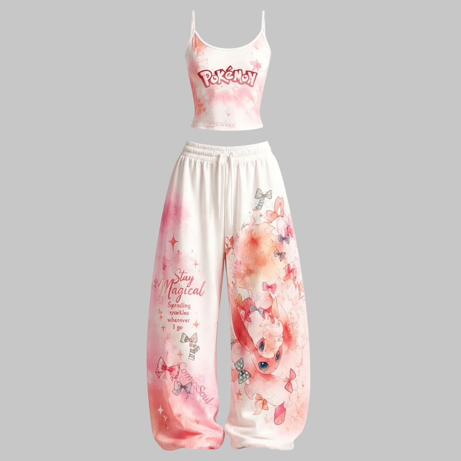 Pokémon Stay Magical Watercolor Cami Top and Elasticated Trousers Two-Piece Set, Women's Pink and White Bow Print Anime Lounge Outfit