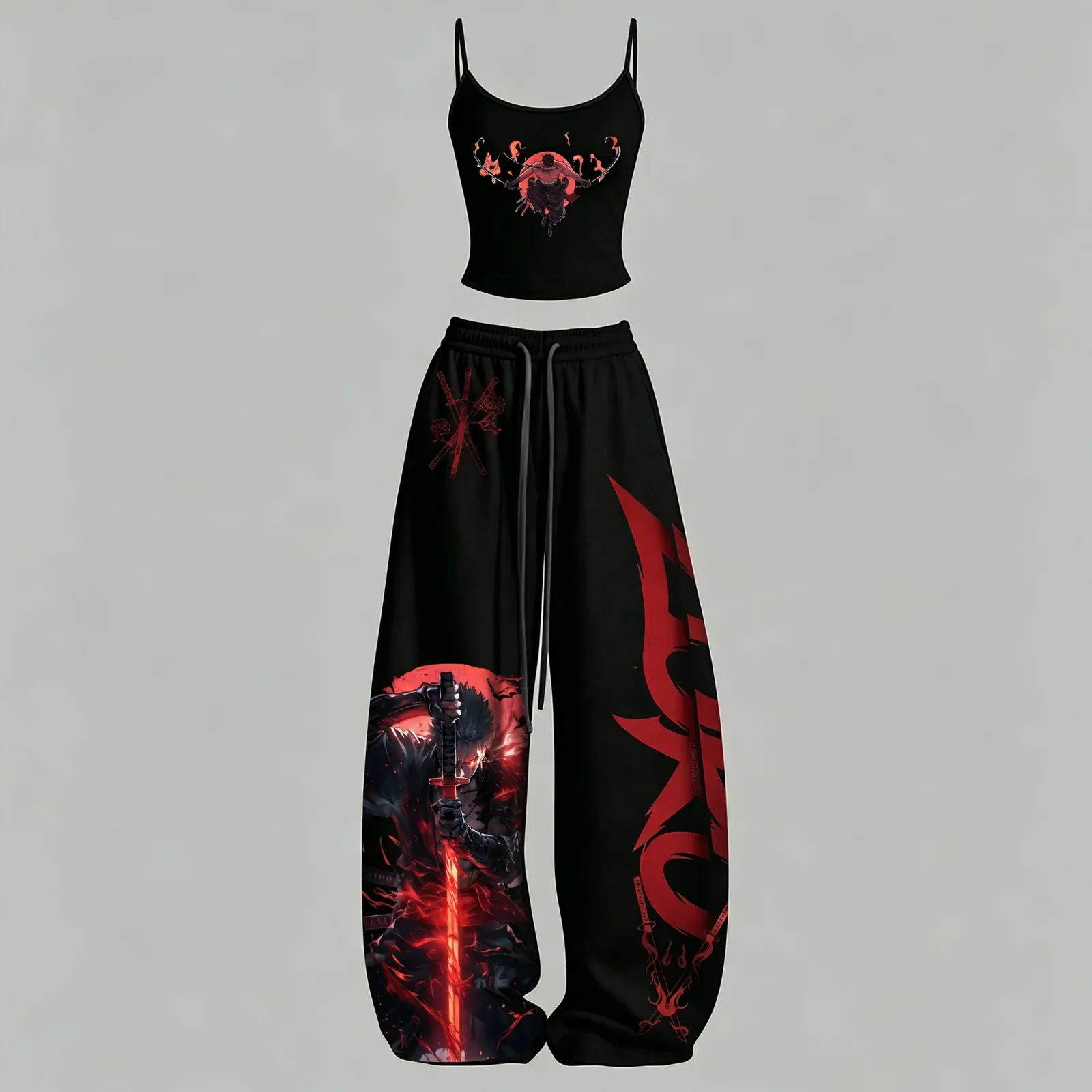 One Piece Roronoa Zoro Cami Crop Top and Wide Leg Trousers Two-Piece Set, Women's Black and Red Anime Lounge Outfit, Pirate Hunter Matching Set