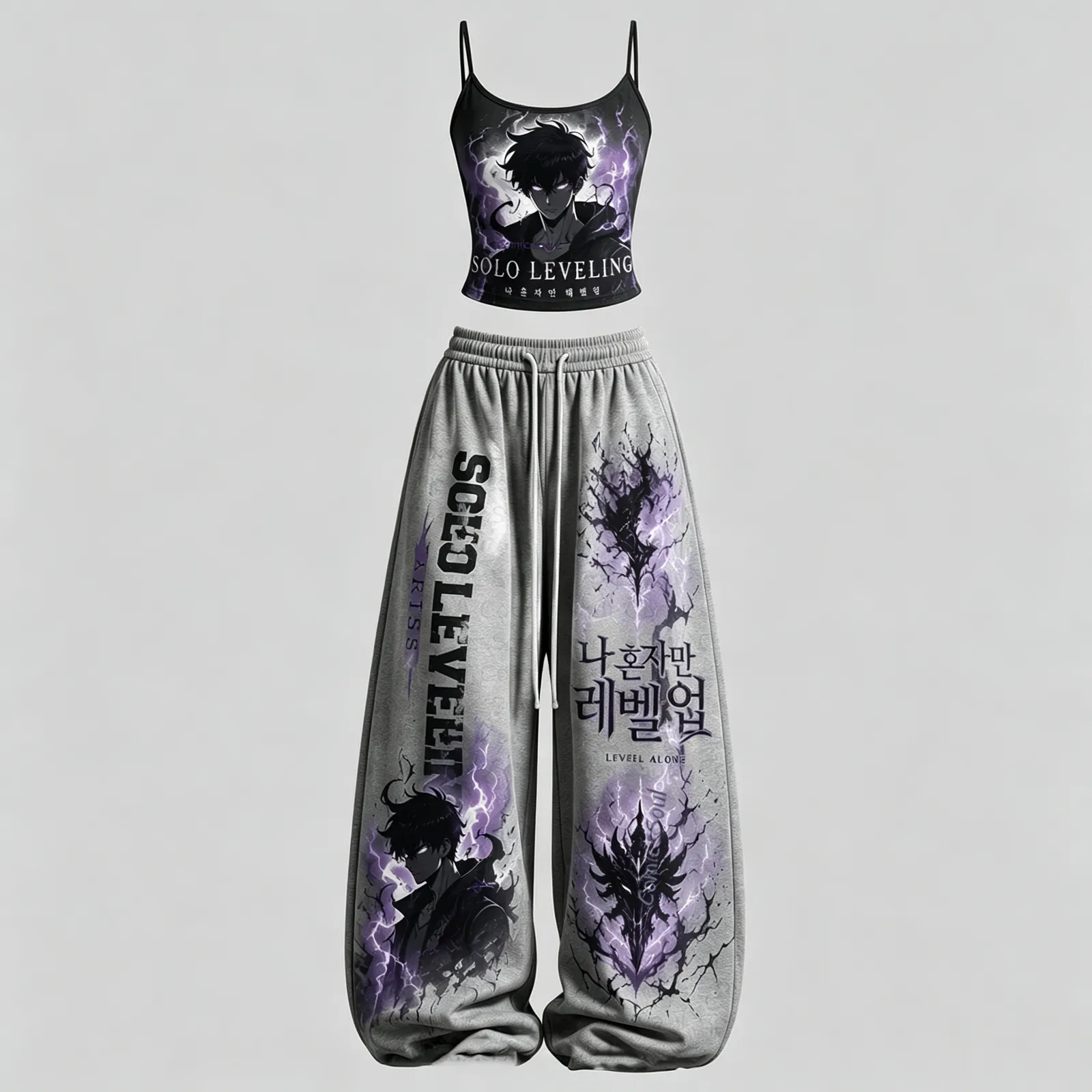 Solo Leveling Sung Jinwoo Cami Crop Top and Wide Leg Trousers Two-Piece Set, Women's Black and Grey Anime Lounge Outfit, Shadow Monarch Set