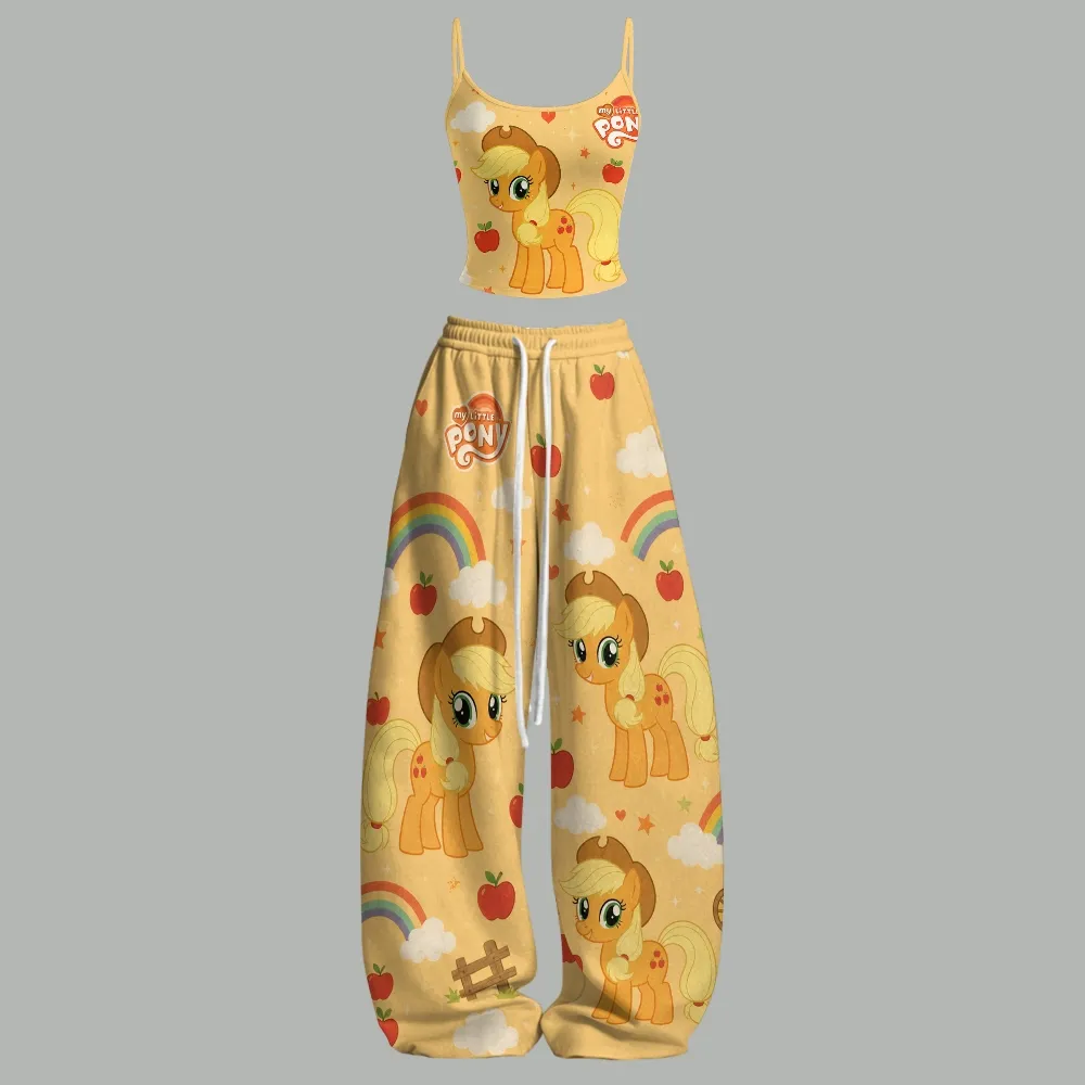 My Little Pony Applejack Cami Crop Top and Wide Leg Trousers Two-Piece Set, Orange Apple and Rainbow Pattern, Women's Cartoon Lounge Outfit
