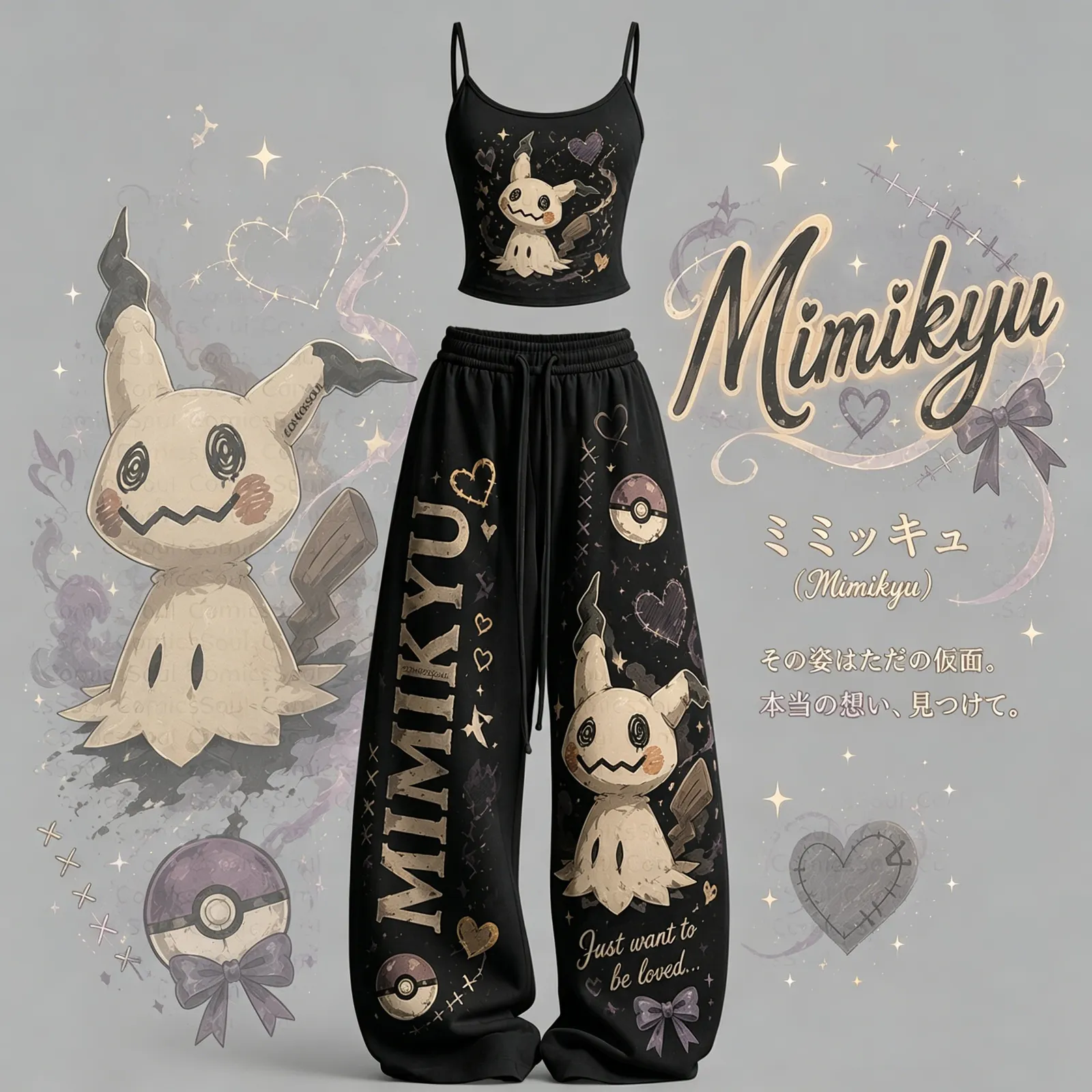 Pokémon Mimikyu Cami Crop Top and Wide Leg Trousers Set, Women's Two-Piece Lounge Outfit, Just Want to Be Loved Pokeball Anime Matching Set