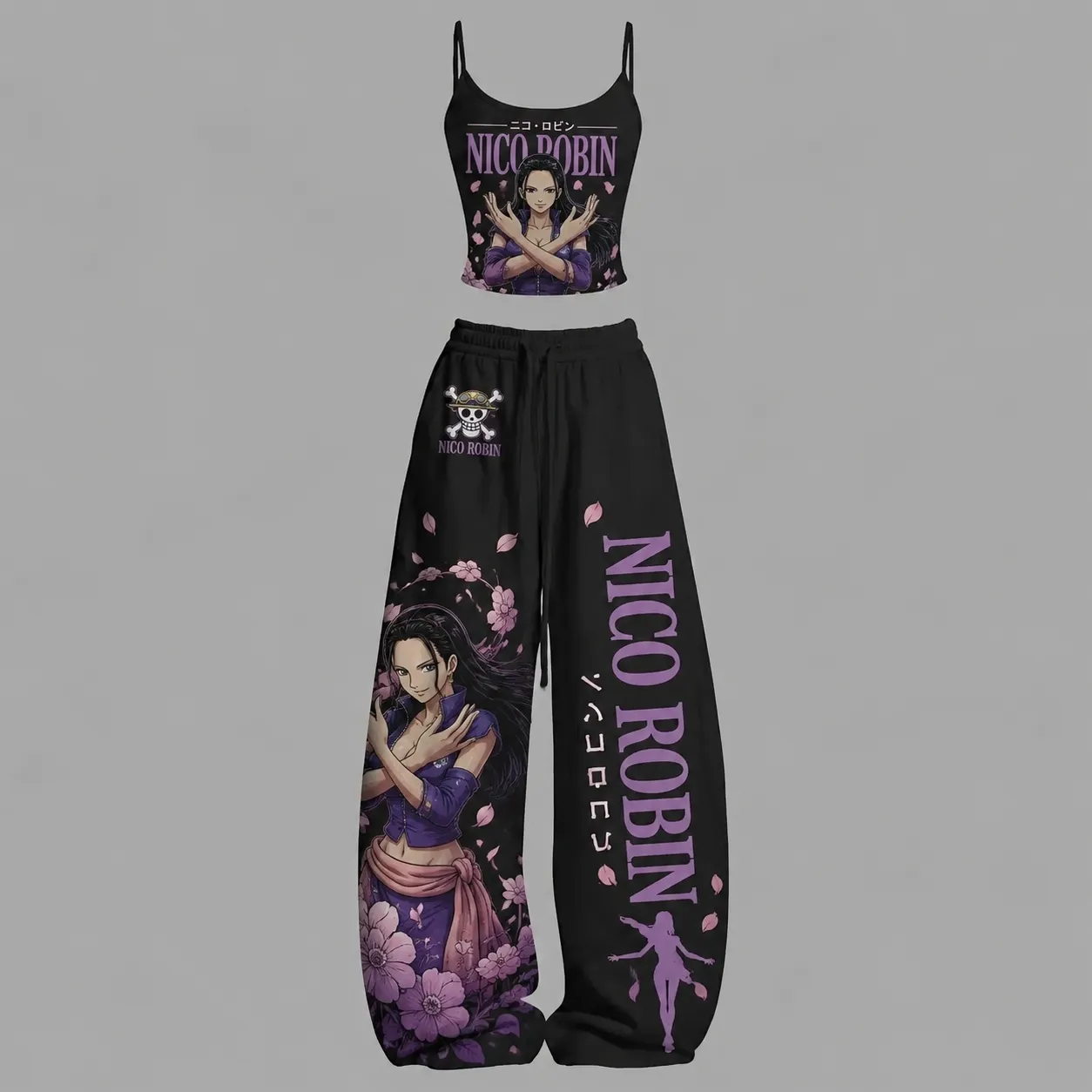 One Piece Nico Robin Cami Crop Top and Wide Leg Trousers Two-Piece Set, Women's Black and Purple Cherry Blossom Anime Lounge Outfit