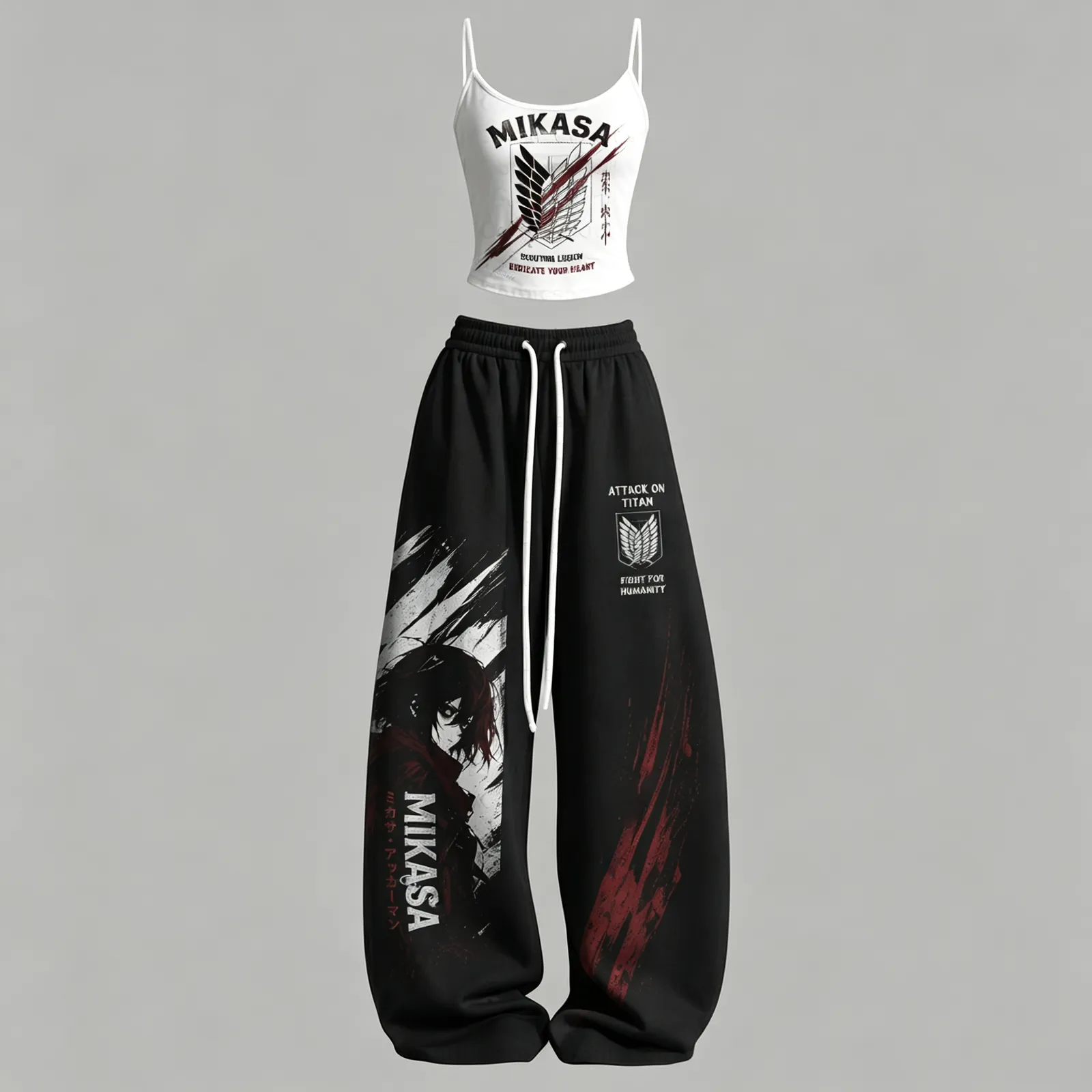 Attack on Titan Mikasa Ackerman Scout Regiment Cami Top and Elasticated Trousers Two-Piece Set, Women's White Black and Red Anime Lounge Outfit