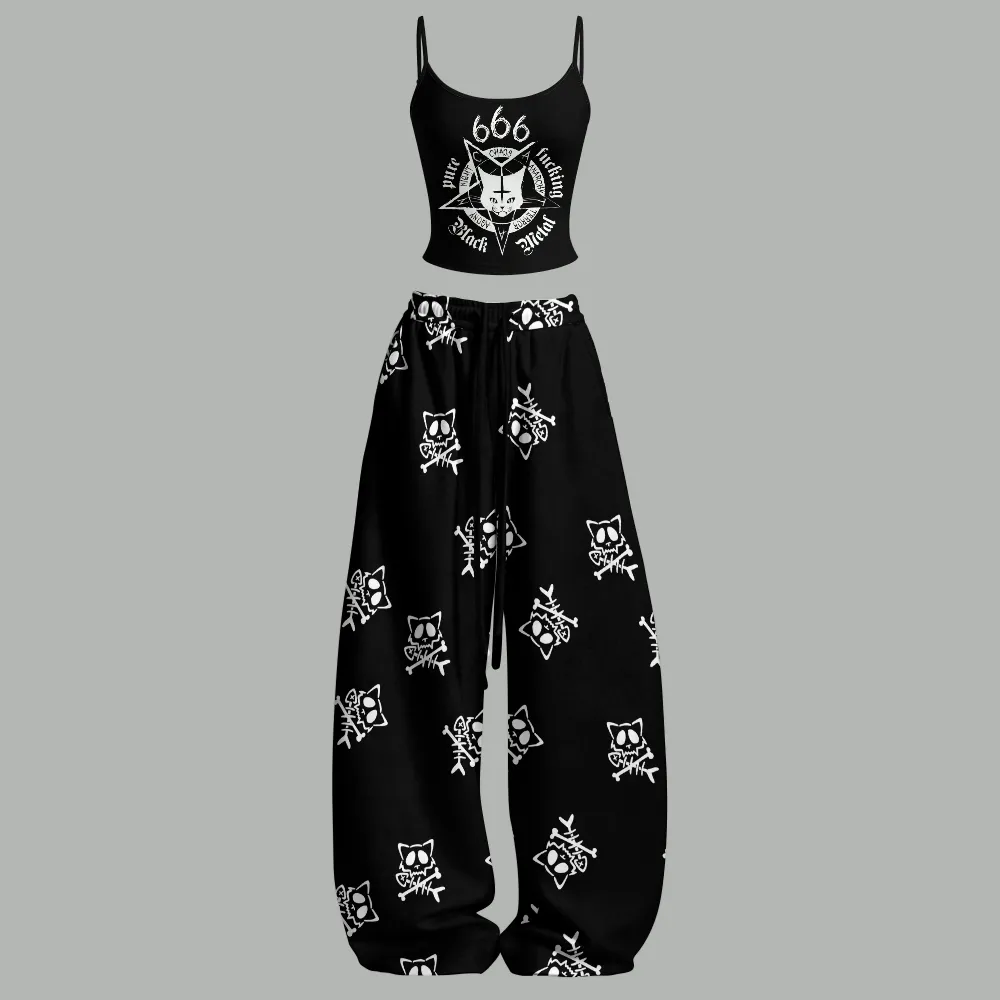 Cat Black 666 Pentagram Cami Crop Top and Wide Leg Trousers Set, Women's Two-Piece Lounge Outfit, Black Metal Gothic Skull Kitty Matching Set