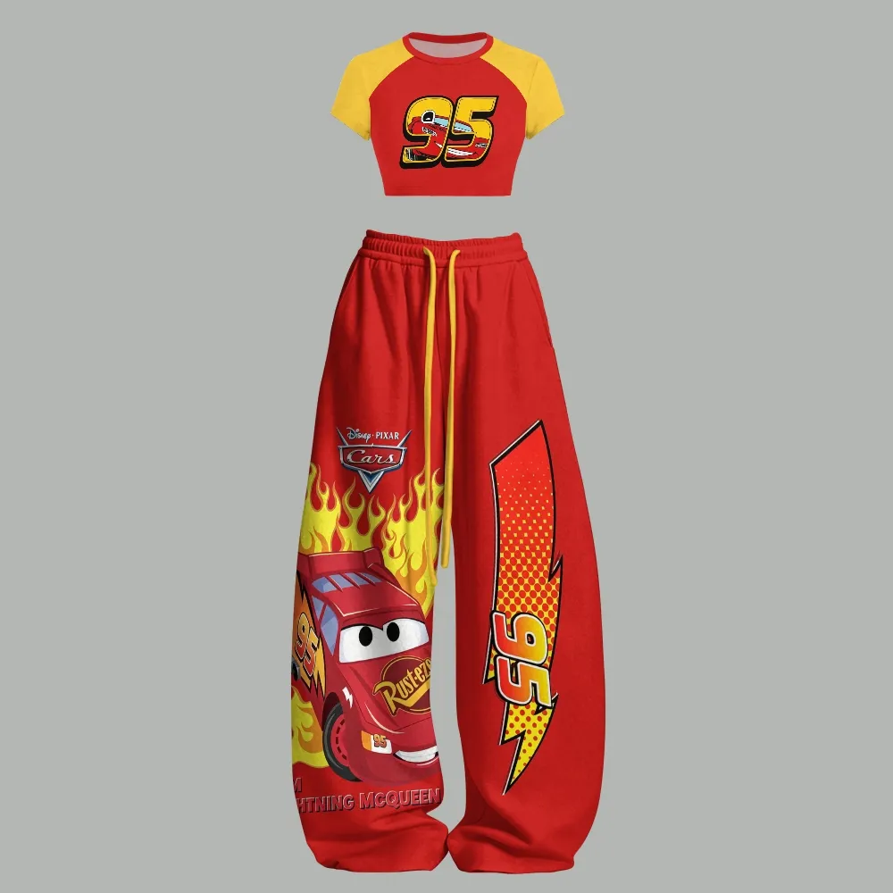 Cars Lightning McQueen 95 Women Crop Tee and Wide Leg Trousers Two-Piece Set, Red Yellow Racing Flames Lounge Outfit, Disney Pixar Fan Co-ord