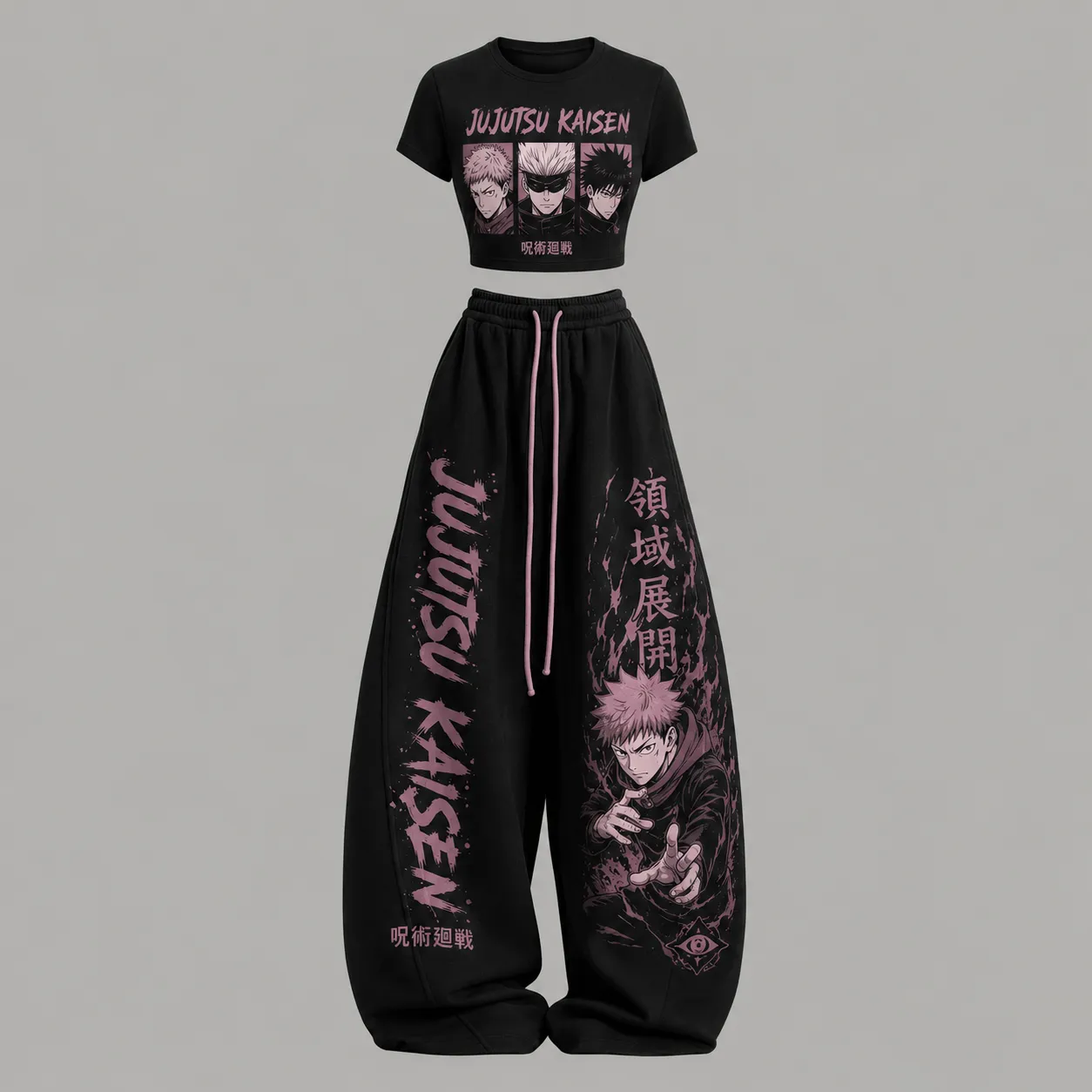 Jujutsu Kaisen Itadori Gojo Megumi Crop Tee and Wide Leg Trousers Two-Piece Set, Women's Black and Pink Anime Lounge Outfit, Domain Expansion Set