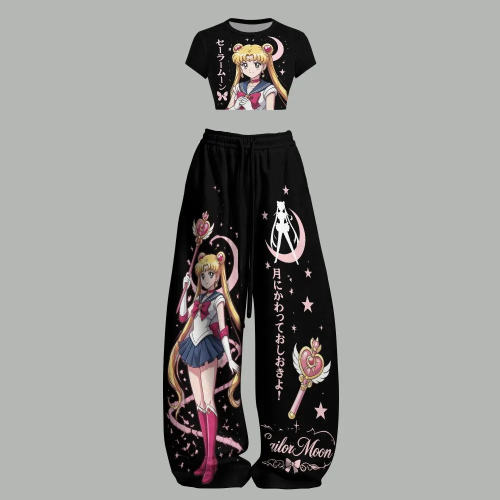 Sailor Moon Women T-Shirt Crop Tee and Wide Leg Trousers Two-Piece Set, Black and Pink Spiral Heart Rod Print, Anime Magical Girl Lounge Outfit
