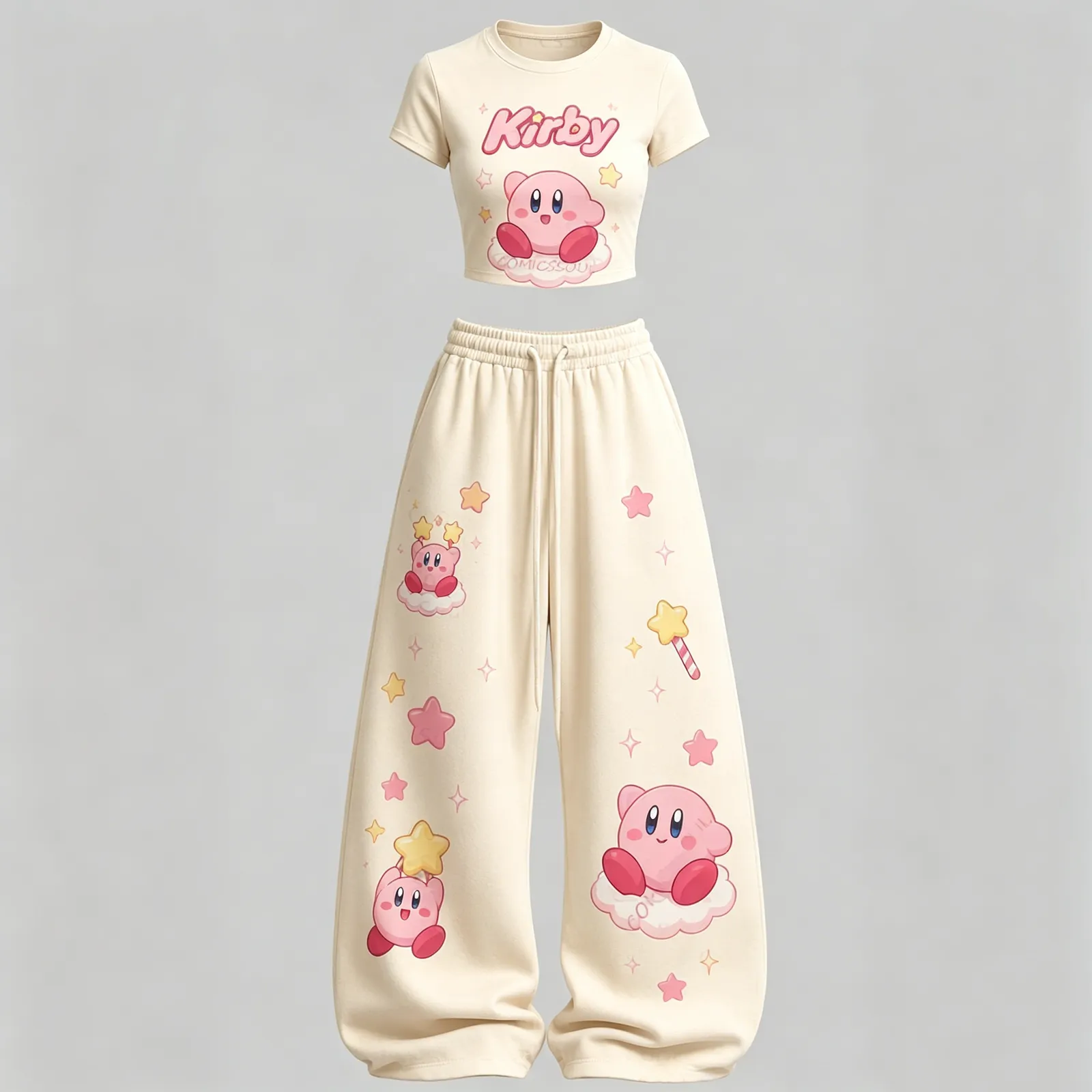 Kirby's Dream Land Crop Tee and Wide Leg Trousers Two-Piece Set, Cream and Pink Pastel Star Cloud Print, Women's Kawaii Gamer Lounge Outfit