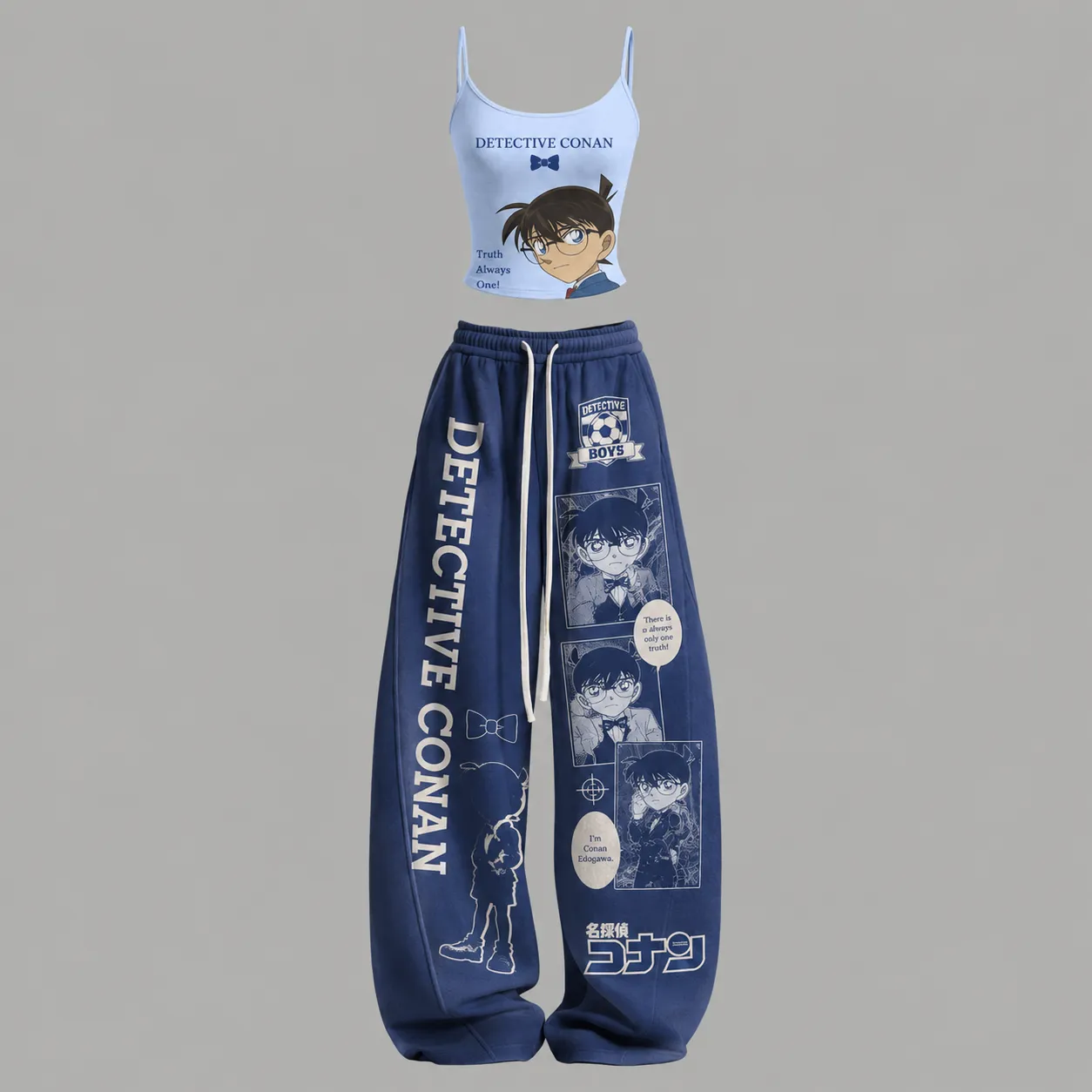 Detective Conan Light Blue Cami Crop Top and Wide Leg Trousers Two-Piece Set, Women's Navy Anime Lounge Outfit, Edogawa Manga Panel Fan Gift