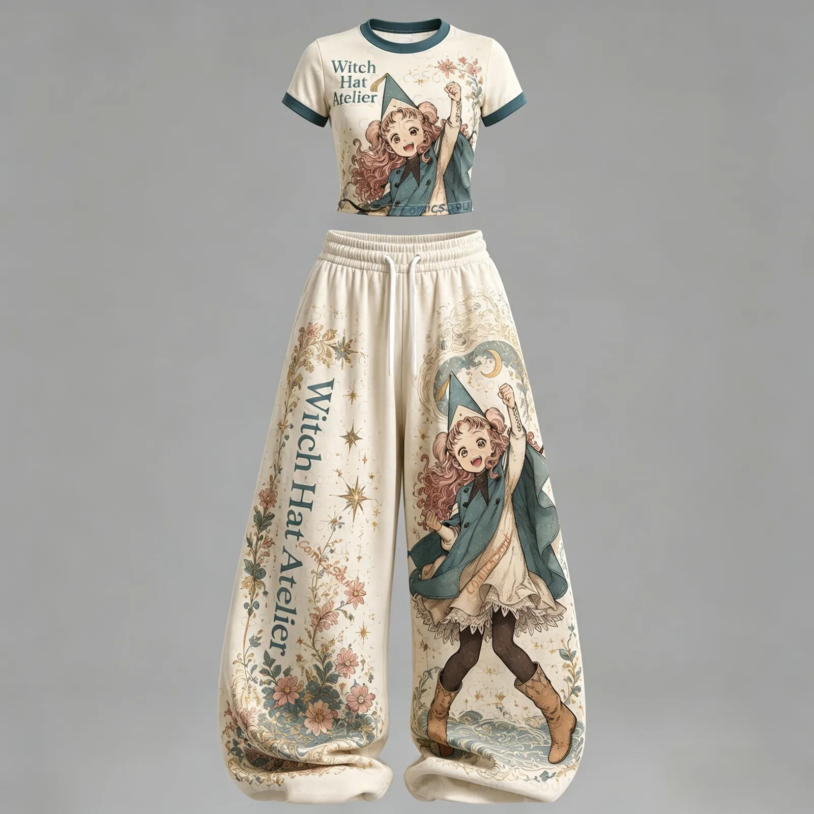 Witch Hat Atelier Coco Crop Tee and Elasticated Wide Leg Trousers Two-Piece Set, Women's Cream and Teal Floral Fantasy Manga Lounge Outfit