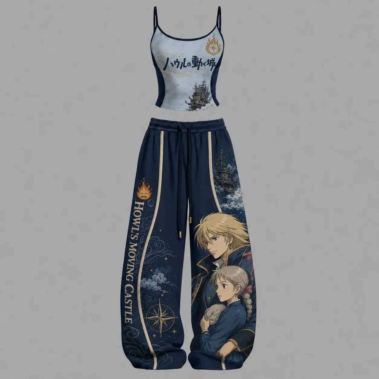 Howl's Moving Castle Cami Crop Top and Wide Leg Trousers Two-Piece Set, Women's Navy Studio Ghibli Lounge Outfit, Howl and Sophie Matching Set