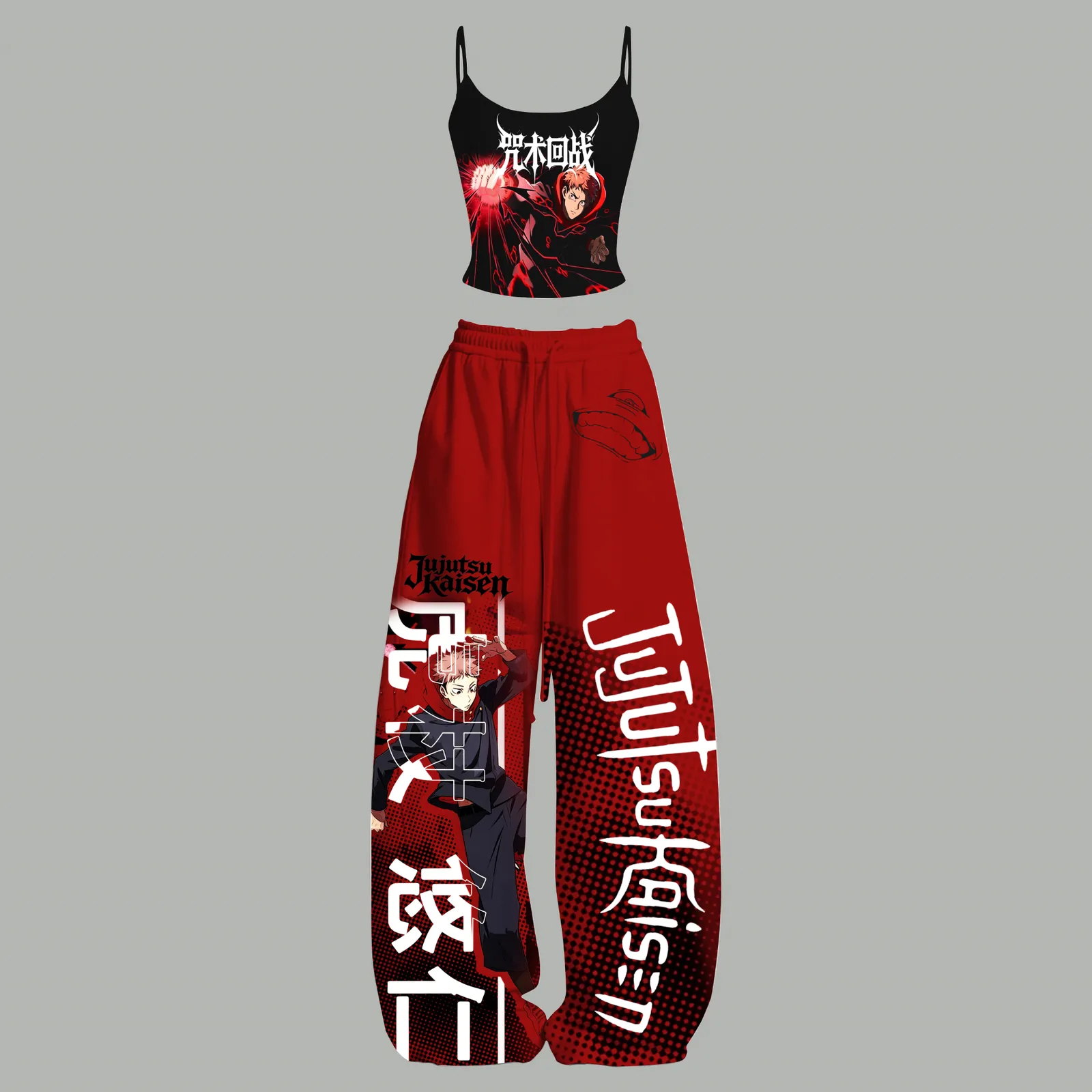 Jujutsu Kaisen Yuji Itadori Cami Crop Top and Elasticated Wide Leg Trousers Two-Piece Set, Women's Black and Red Anime Matching Lounge Outfit