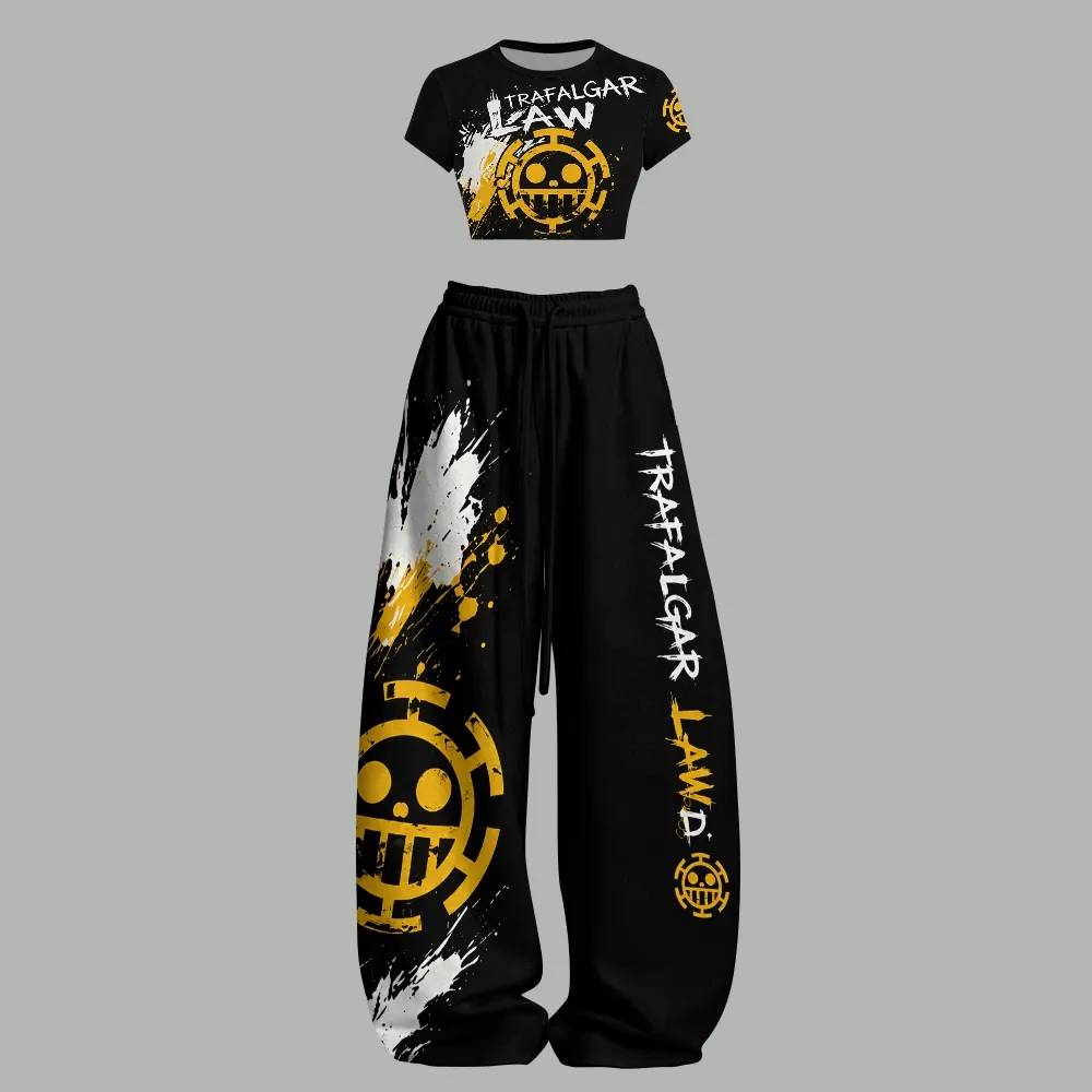 One Piece Trafalgar Law Crop Tee and Wide Leg Trousers Two-Piece Set, Women's Black and Yellow Heart Pirates Lounge Outfit, Anime Matching Set