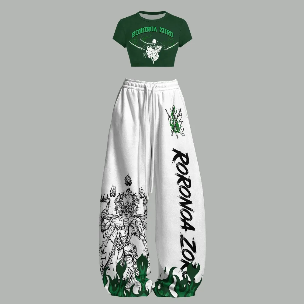 One Piece Roronoa Zoro Women's Crop T-Shirt and Wide Leg Trousers Two-Piece Set, Green and White Anime Lounge Outfit, Straw Hat Pirates Fan Gift