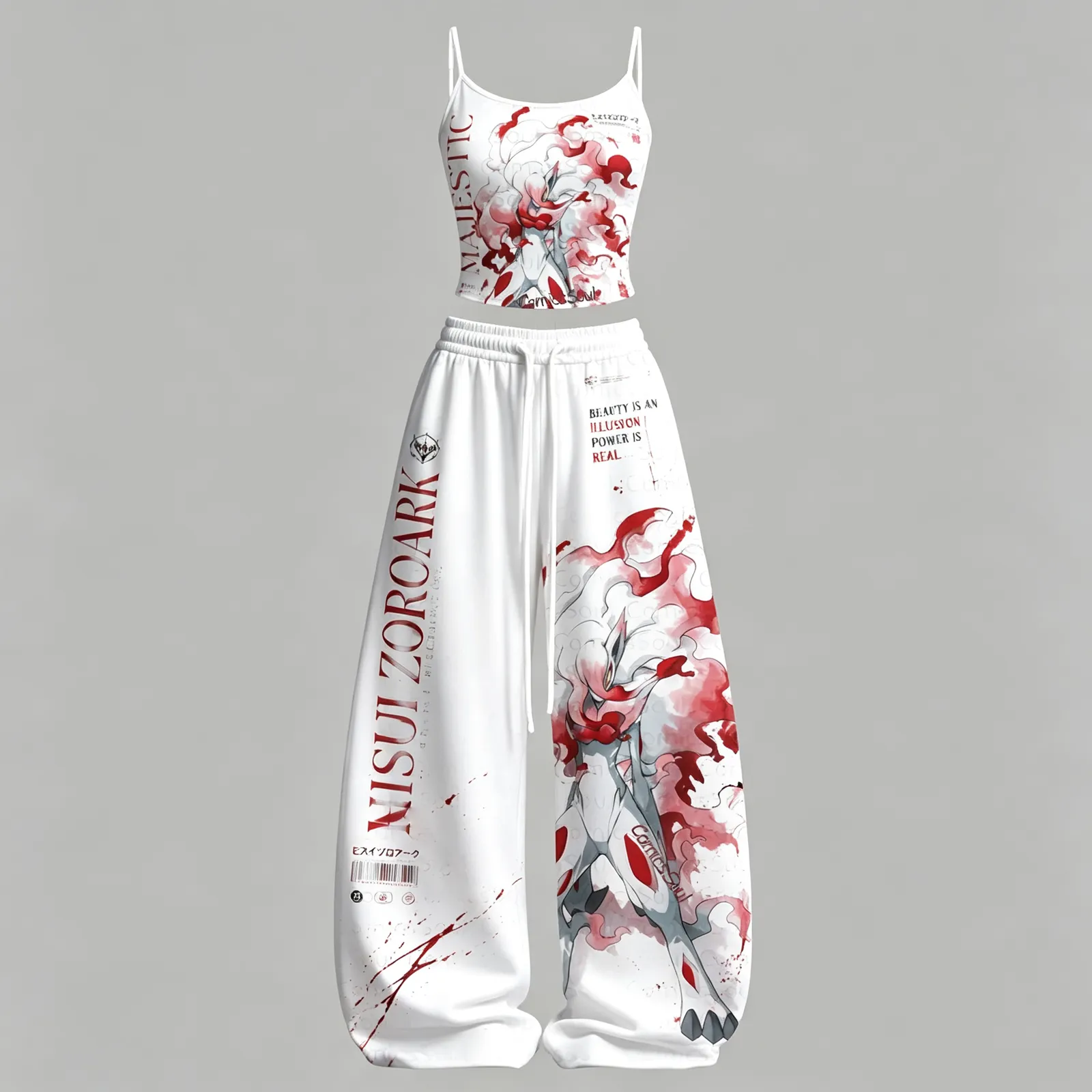 Pokémon Hisuian Zoroark Majestic Cami Crop Top and Elasticated Wide Leg Trousers Two-Piece Set, Women's White and Crimson Watercolor Outfit