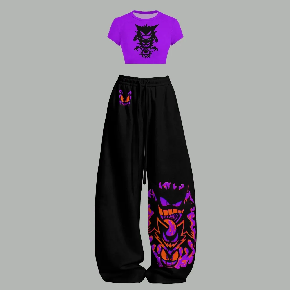 Pokémon Gengar Haunter Gastly Evolution Women Crop T-Shirt and Elasticated Trousers Two-Piece Set, Purple and Black Ghost Anime Lounge Outfit
