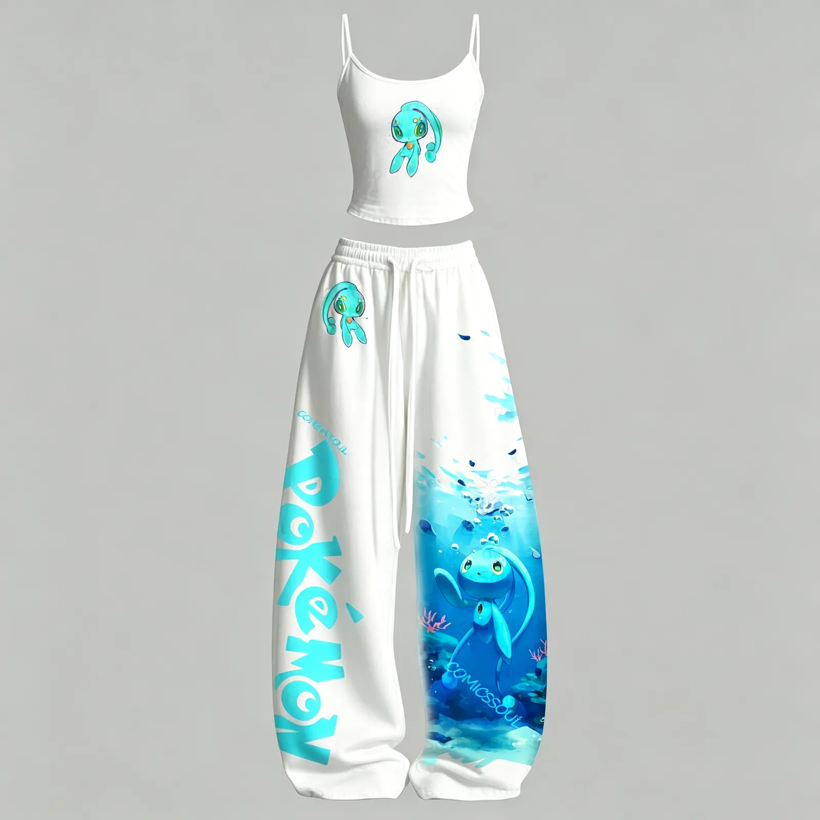 Pokémon Manaphy Cami Crop Top and Wide Leg Trousers Two-Piece Set, White and Aqua Underwater Ocean Print, Women's Gamer Lounge Outfit