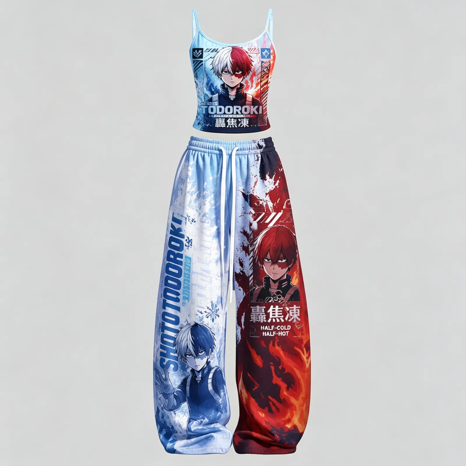 My Hero Academia Shoto Todoroki Cami Crop Top and Wide Leg Trousers Set, Women's Two-Piece Lounge Outfit, Half-Cold Half-Hot Blue and Red Set