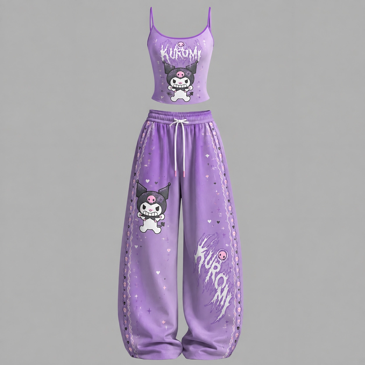 Hello Kitty Kuromi Cami Crop Top and Wide Leg Trousers Two-Piece Set, Women's Purple Kawaii Lounge Outfit, Sanrio Cute Goth Skull Matching Set