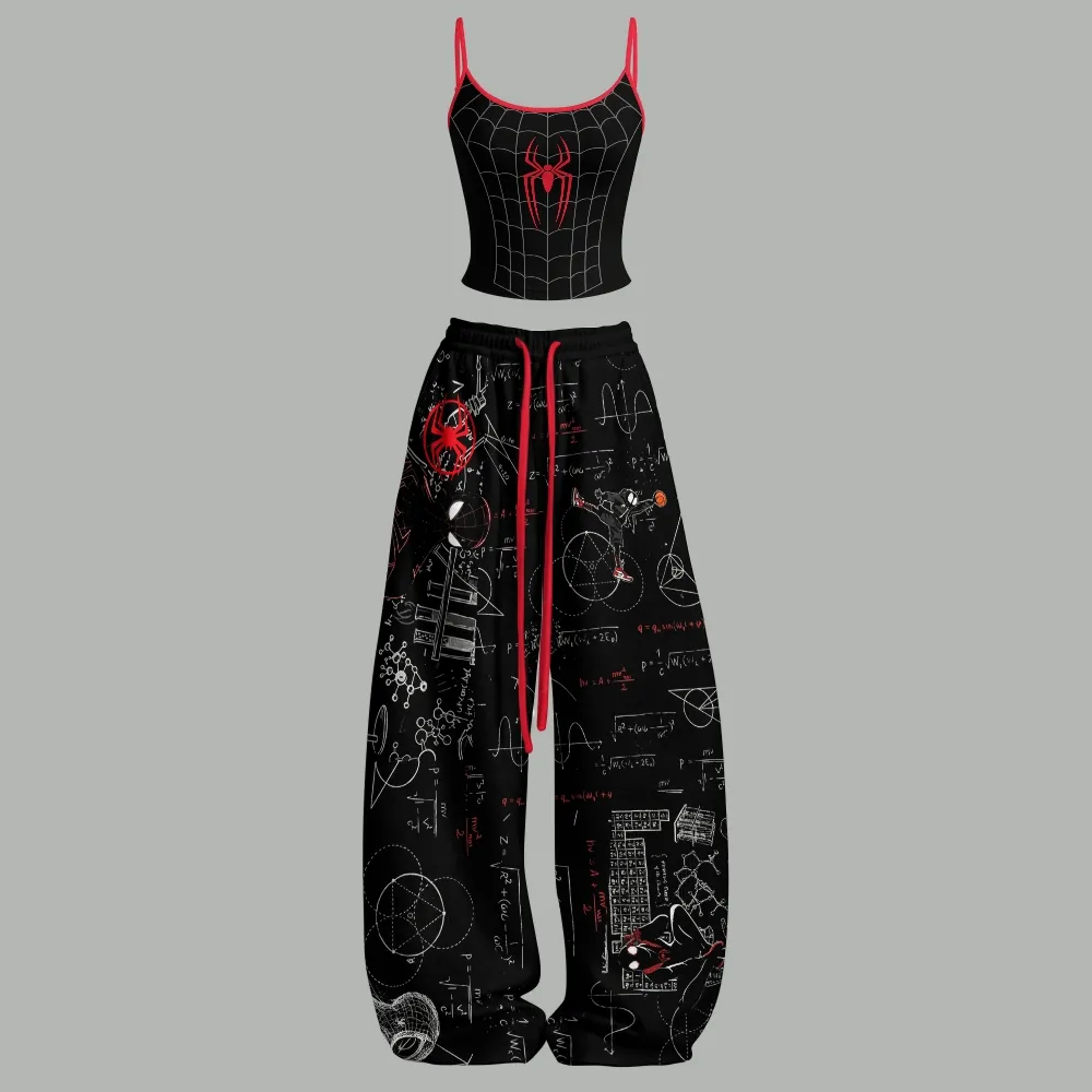 Spider-Man Web Print Cami Crop Top and Wide Leg Trousers Two-Piece Set, Black Red Miles Morales Lounge Outfit, Women's Marvel Matching Co-ord