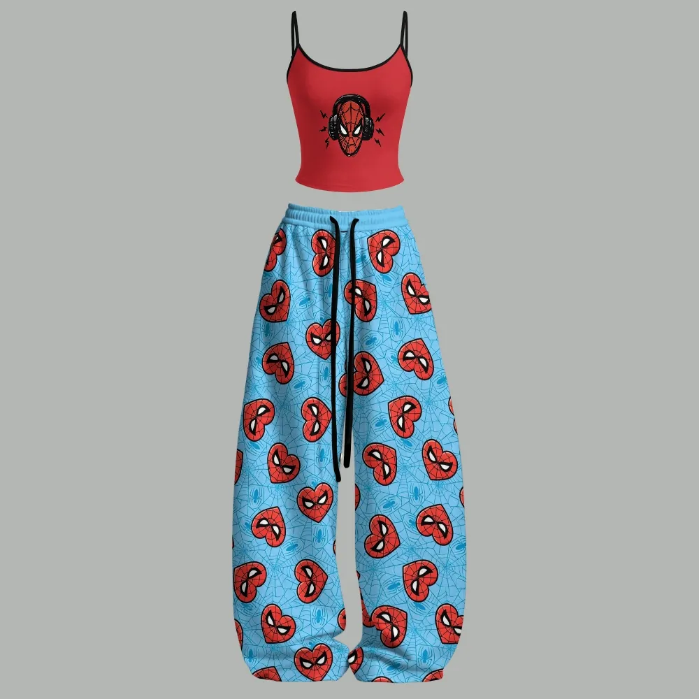 Spider-Man Headphones Cami Crop Top and Wide Leg Trousers Two-Piece Set, Women's Red Sky Blue Spidey Heart Lounge Outfit, Marvel Fan Gift