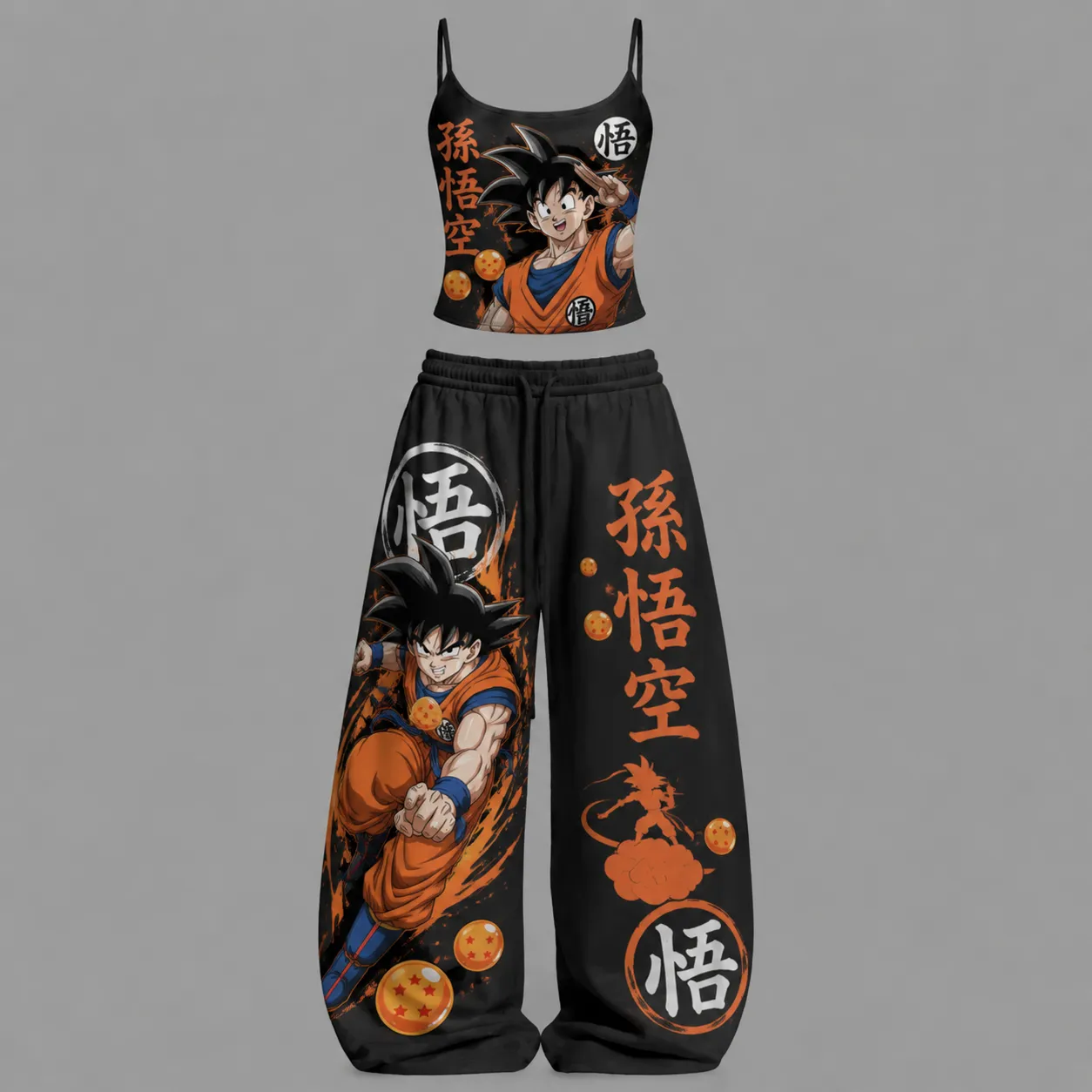 Dragon Ball Goku Cami Crop Top and Wide Leg Trousers Two-Piece Set, Women's Black and Orange Anime Lounge Outfit, Saiyan Flying Nimbus Fan Gift