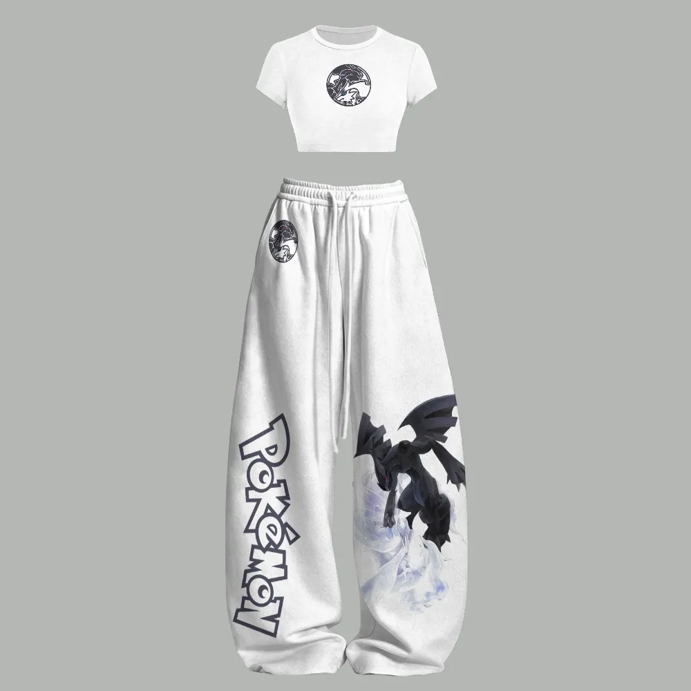 Pokémon Reshiram and Zekrom Crop Tee and Wide Leg Trousers Two-Piece Set, Monochrome Legendary Dragon Print, Women's Gamer Outfit