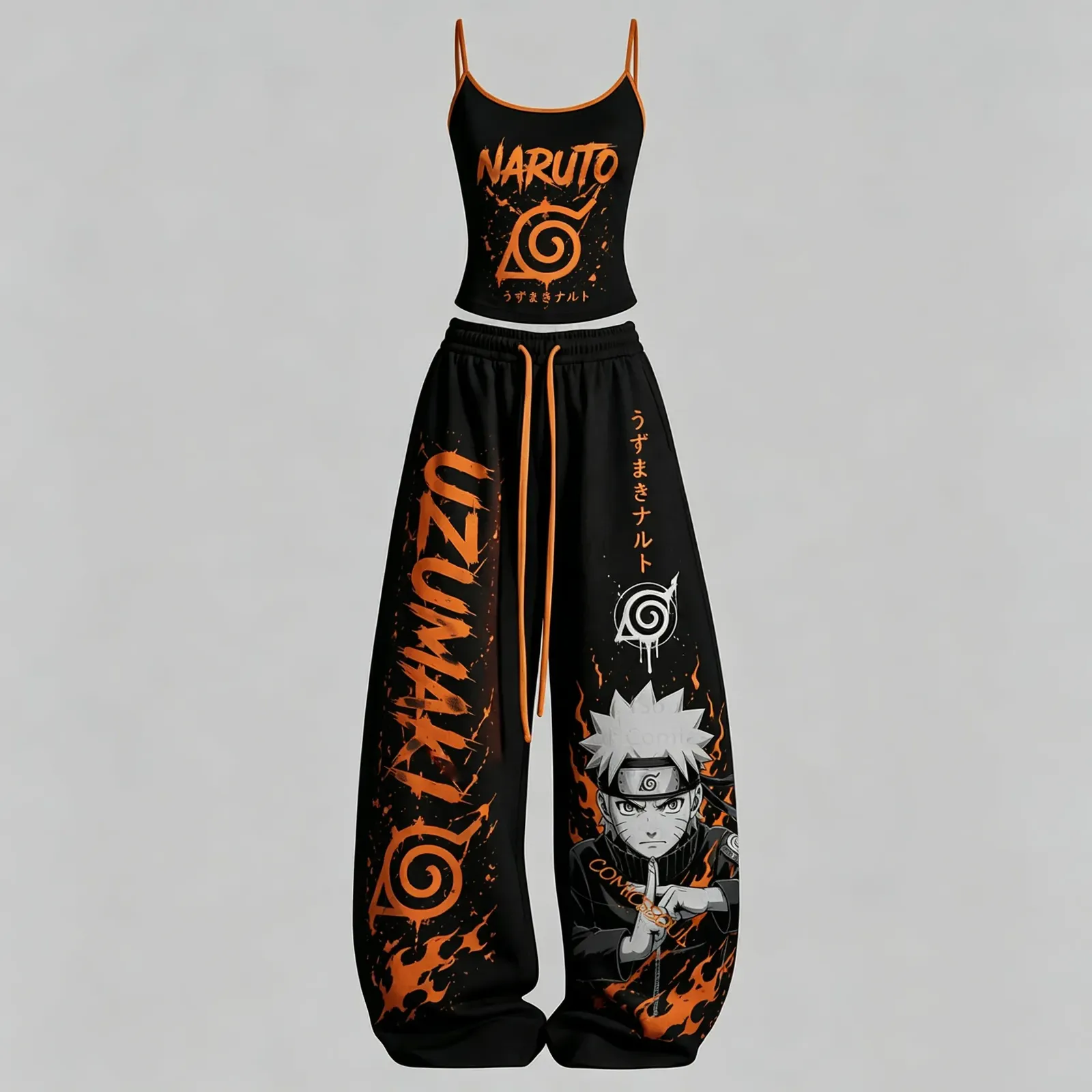 Naruto Uzumaki Cami Crop Top and Wide Leg Trousers Two-Piece Set, Women's Black and Orange Hidden Leaf Anime Lounge Outfit, Ninja Fan Gift