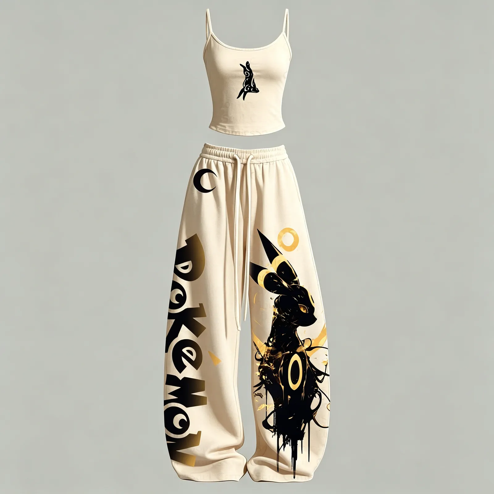 Pokémon Umbreon Cami Crop Top and Wide Leg Trousers Two-Piece Set, Cream Black and Gold Silhouette Print, Women's Eeveelution Lounge Outfit